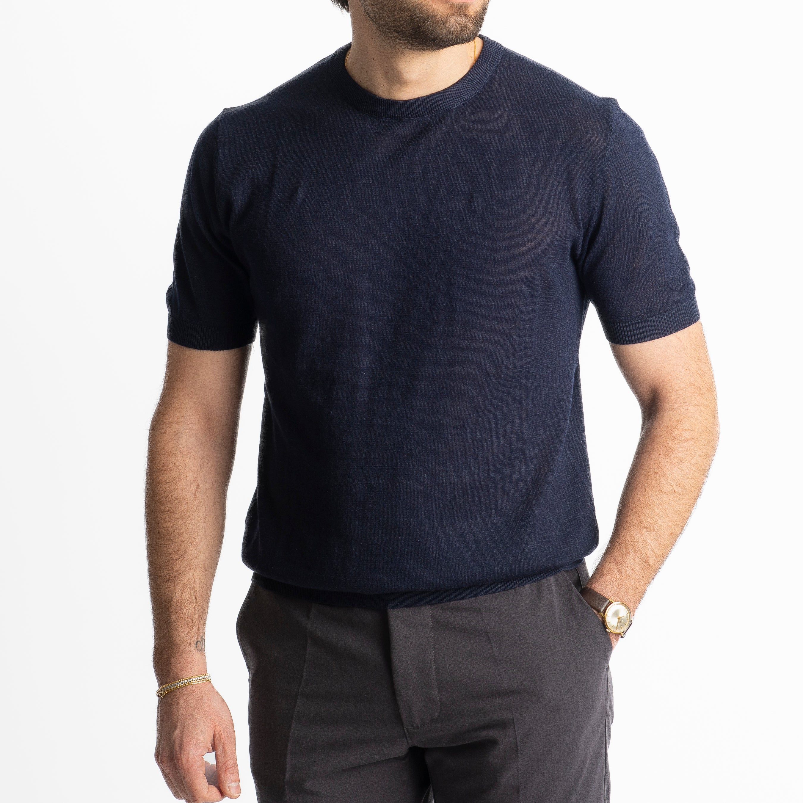 T-Shirt Girocollo Lino E Cotone Blu