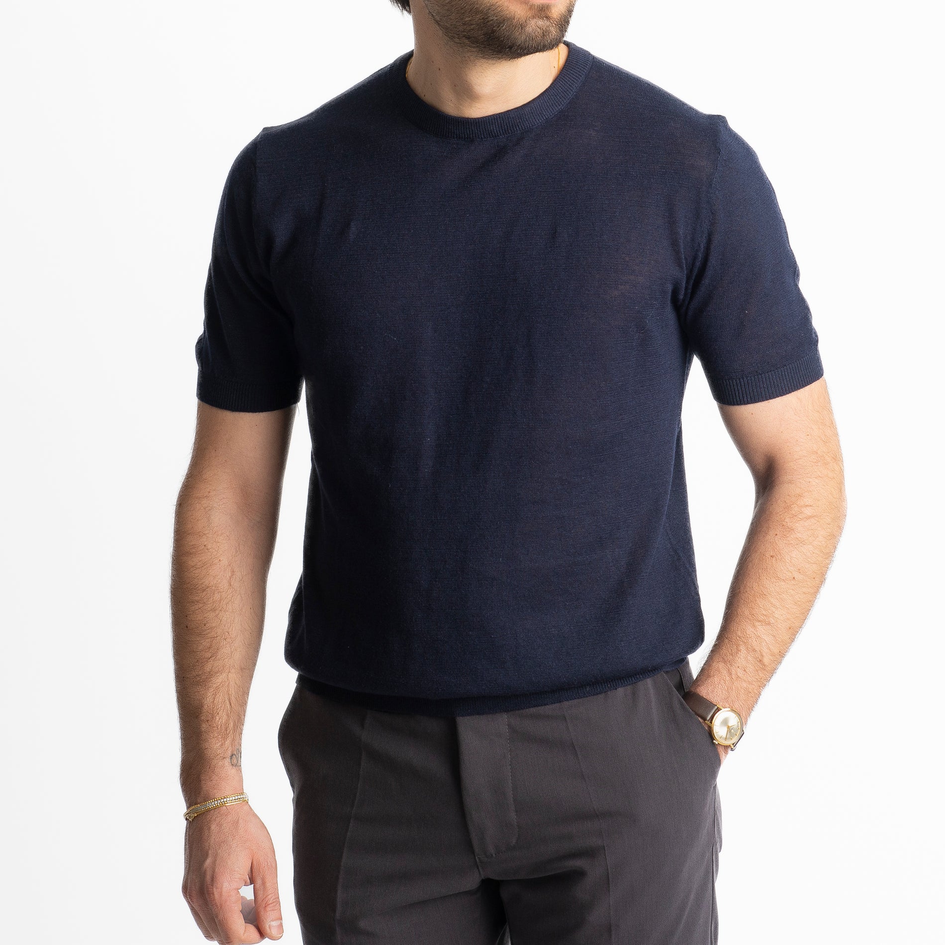 T-Shirt Girocollo Lino E Cotone Blu