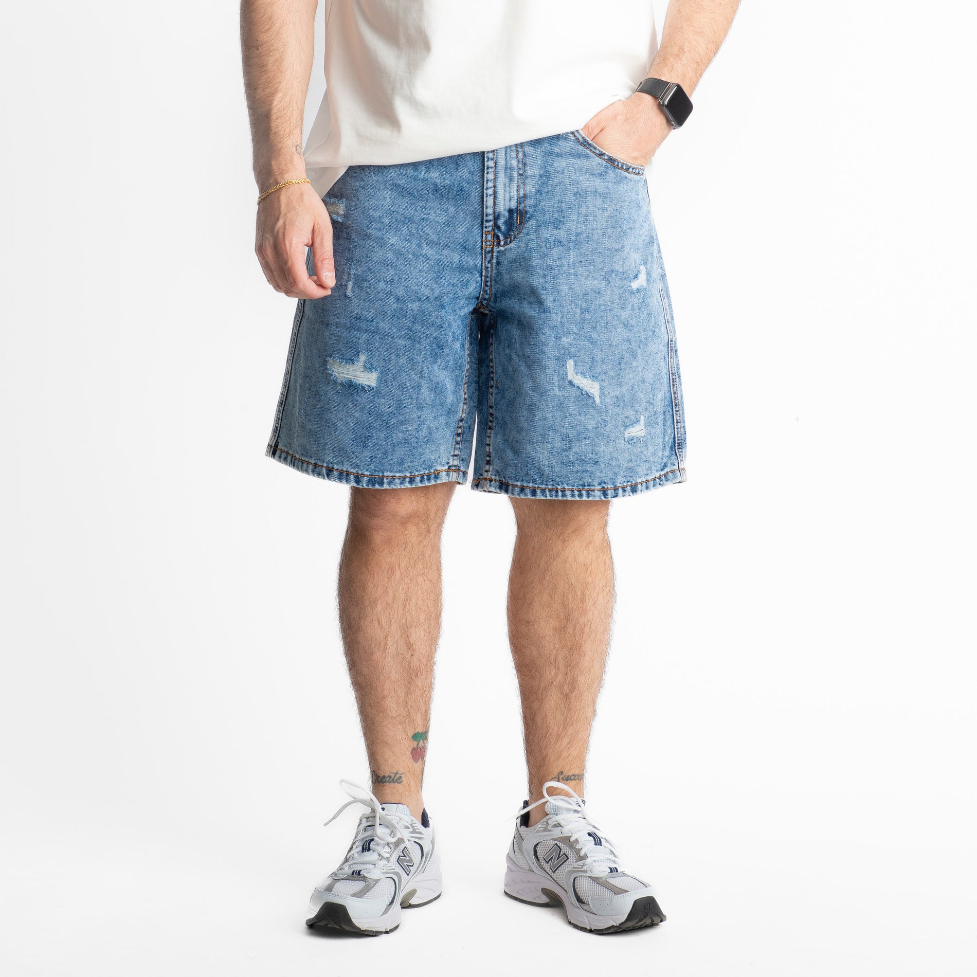 Bermuda Jeans Marmorizzato Blu Medio