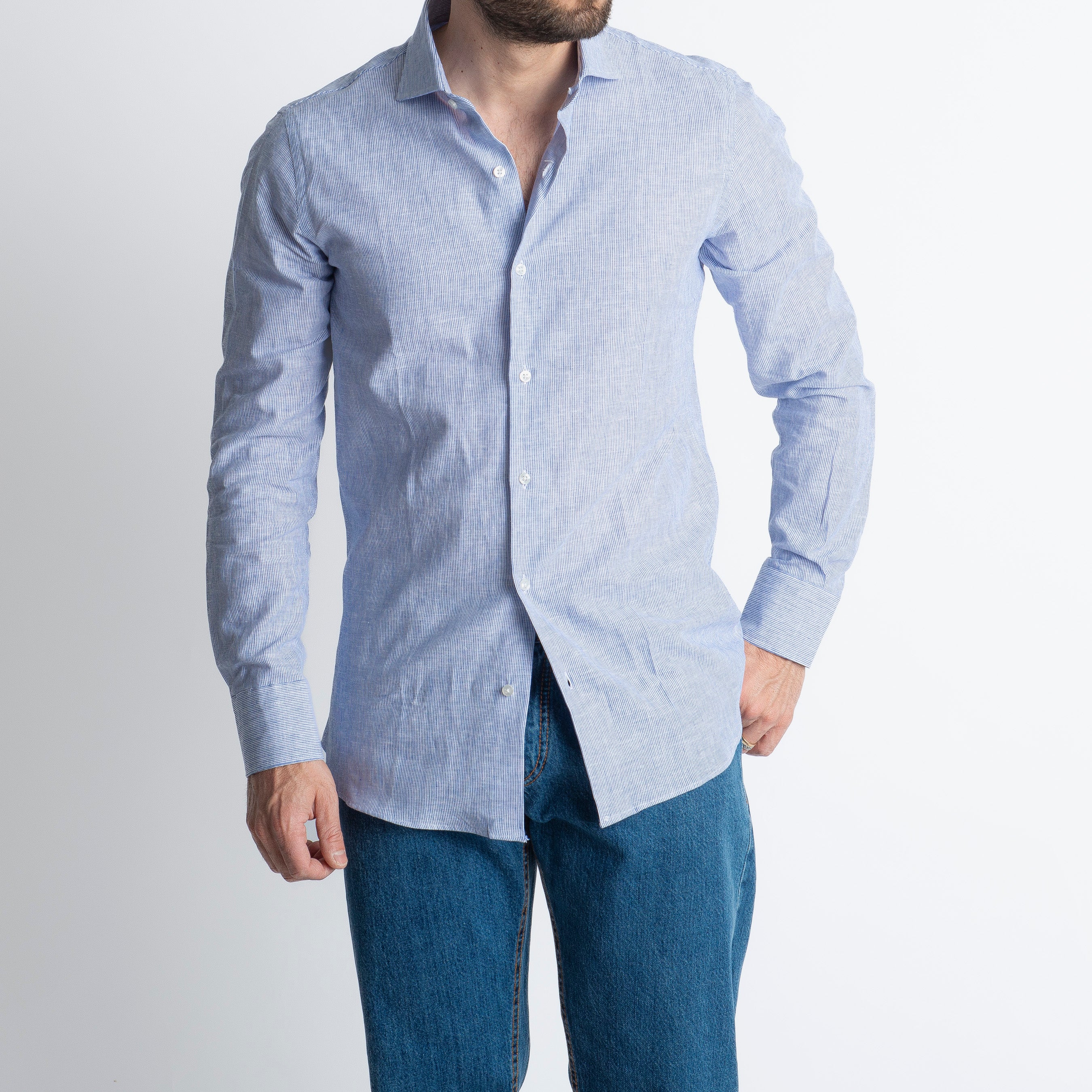 Camicia Lino Mille Righe Blu