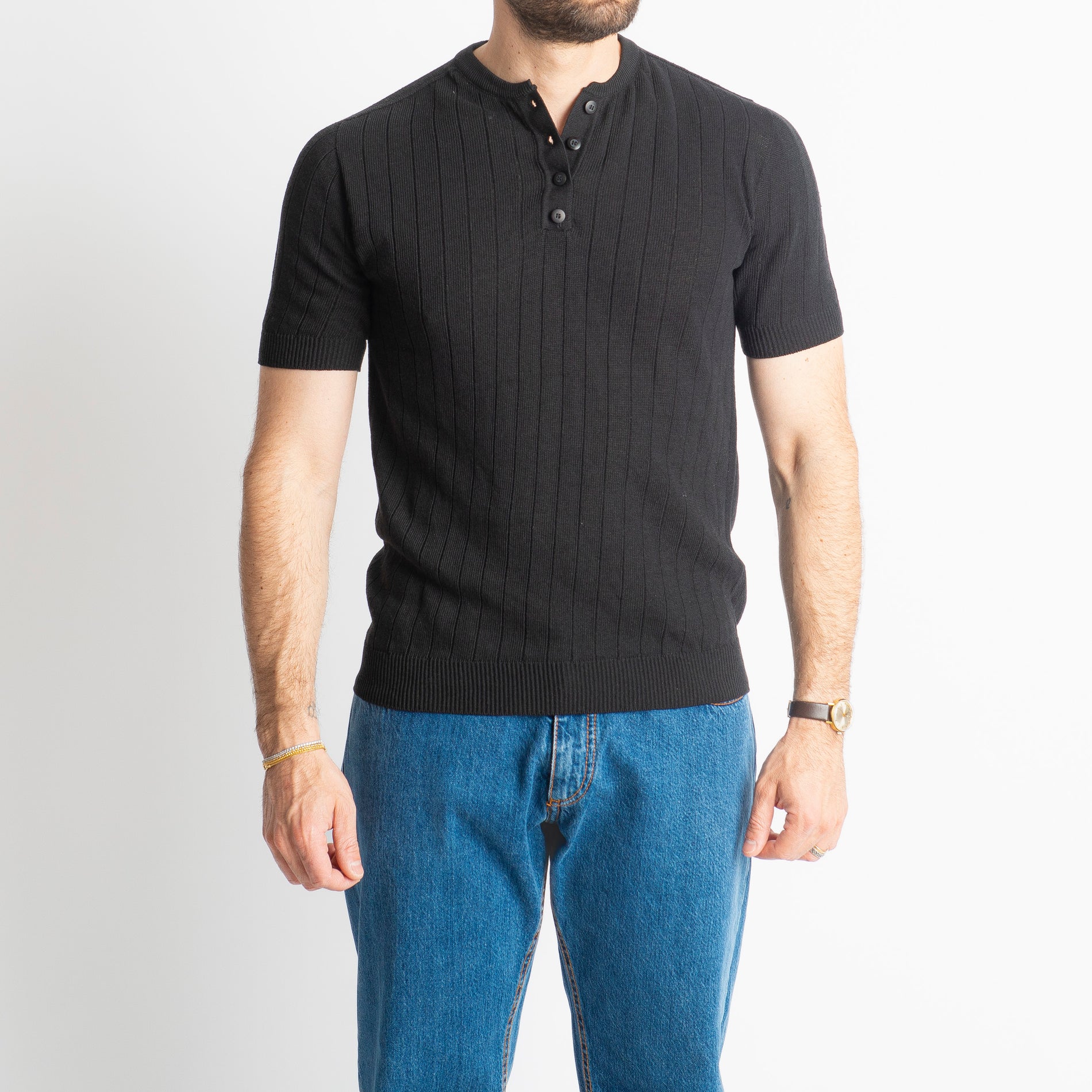 T-shirt Serafino In Filo A Coste Nera