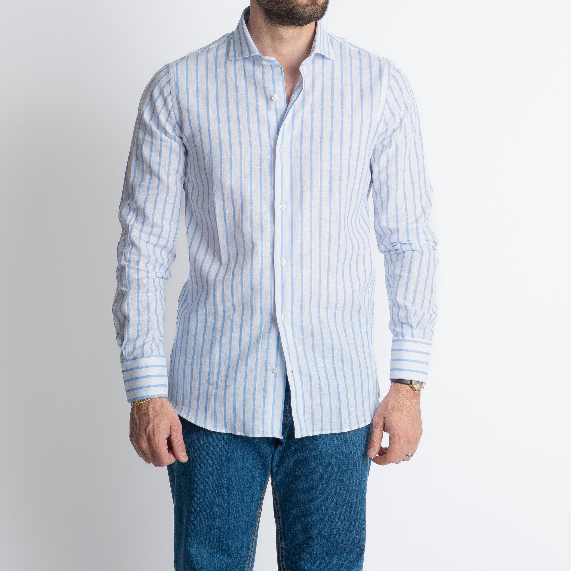 Camicia Uomo Lino Rigata 01 Celeste
