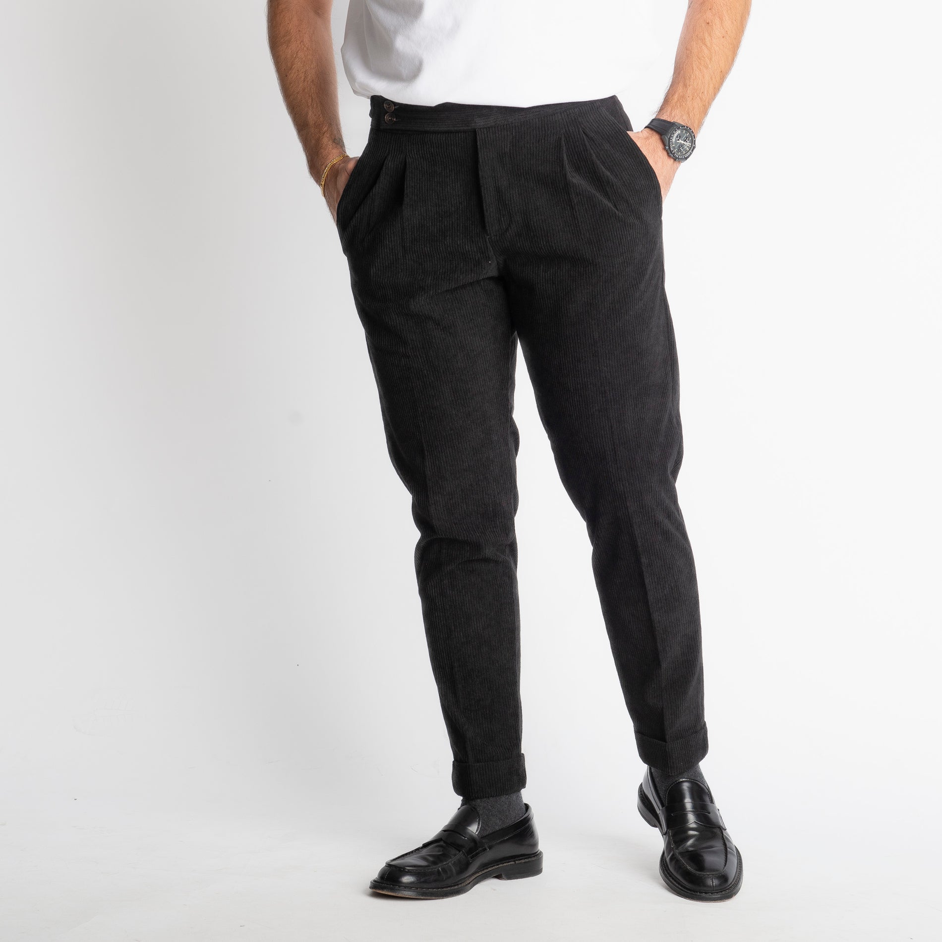 Pantalone Pisa Con Fibbia In Velluto A Coste Nero