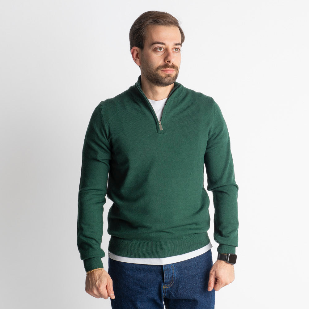 Maglioncino Mezza Zip In Lana Merinos Verde