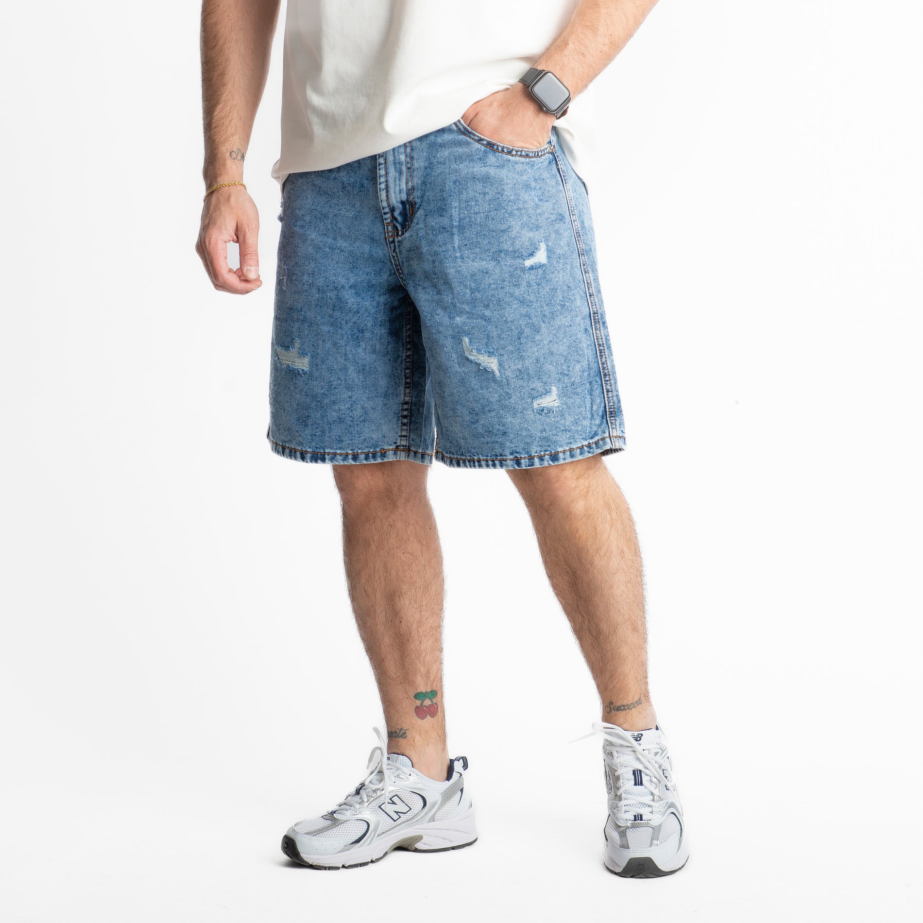 Bermuda Jeans Marmorizzato Blu Medio