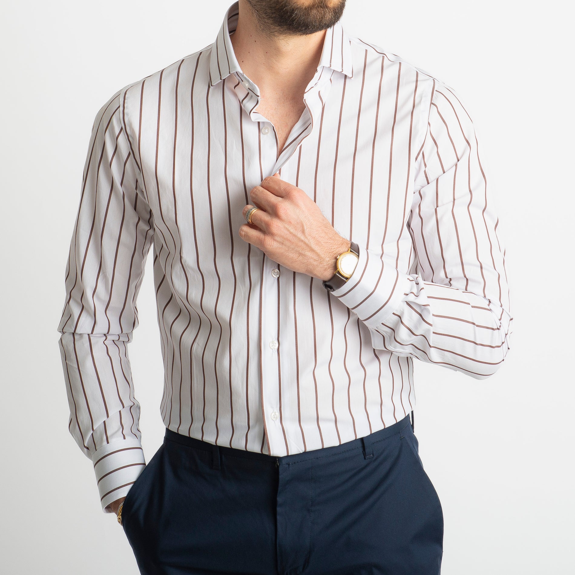 Camicia Fondo Bianco Rigo Marrone
