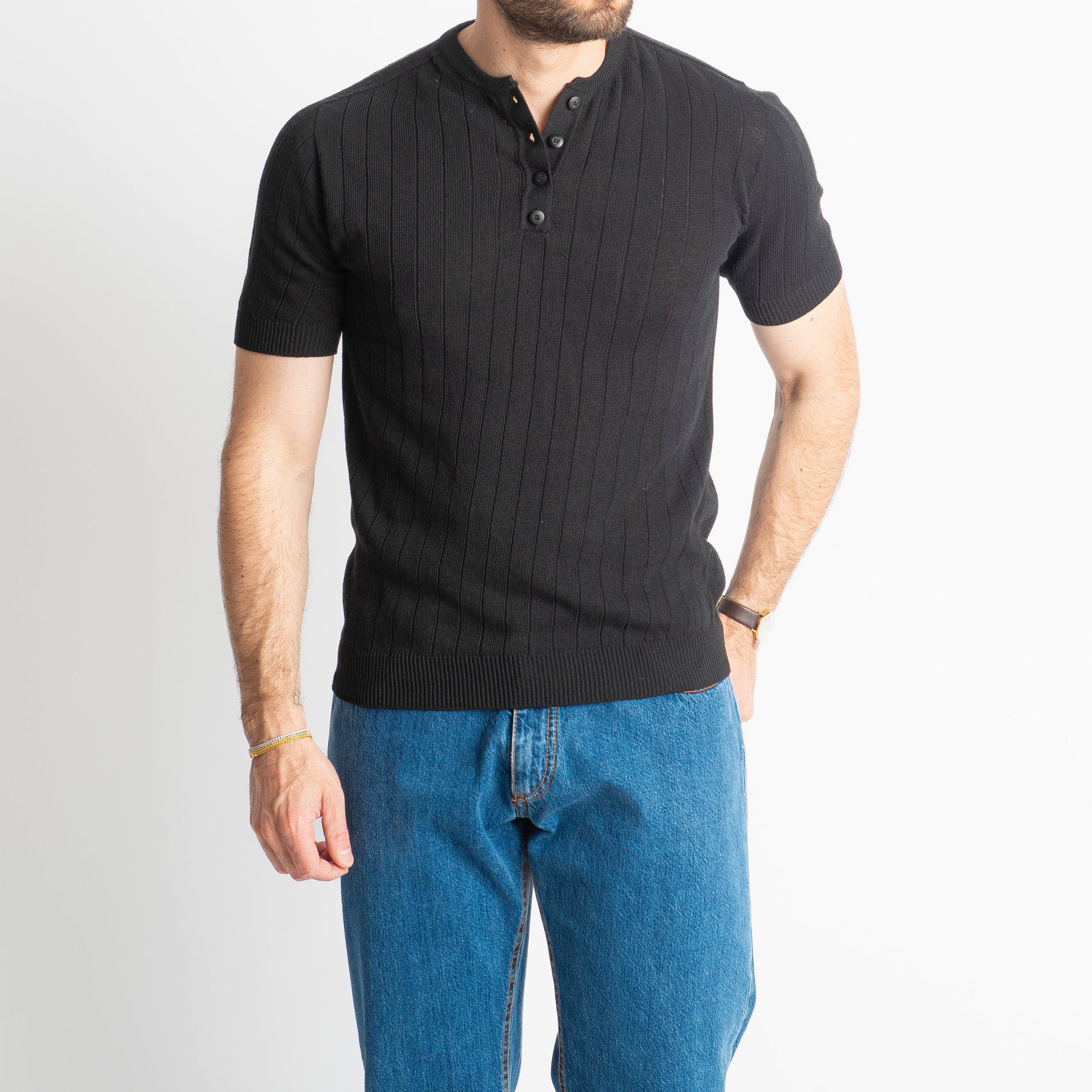 T-shirt Serafino In Filo A Coste Nera