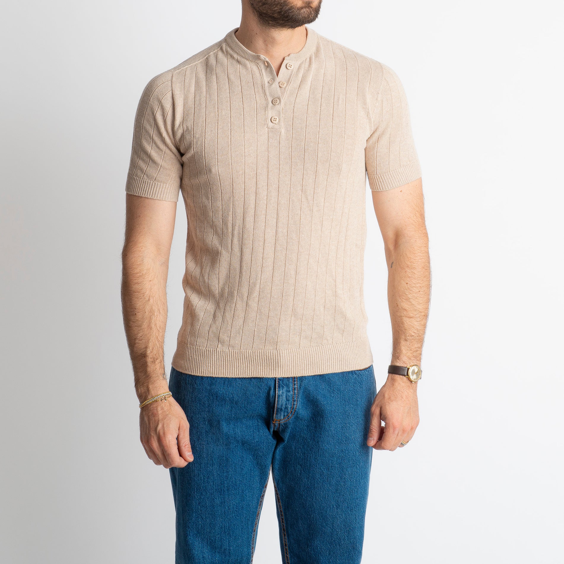 T-shirt Serafino In Filo A Coste Beige