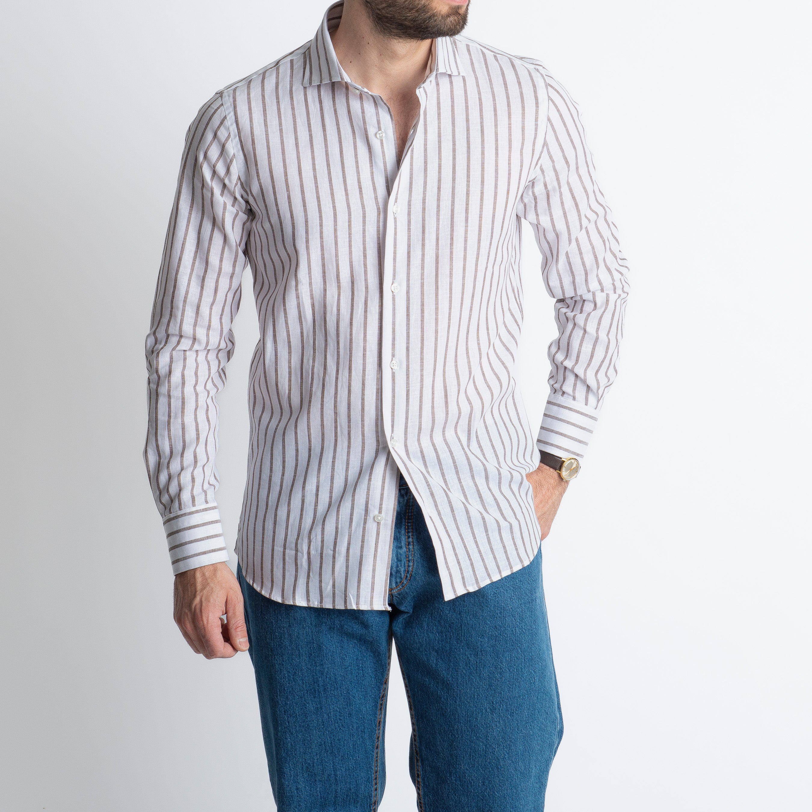 Camicia Uomo Lino Rigata 01 Marrone