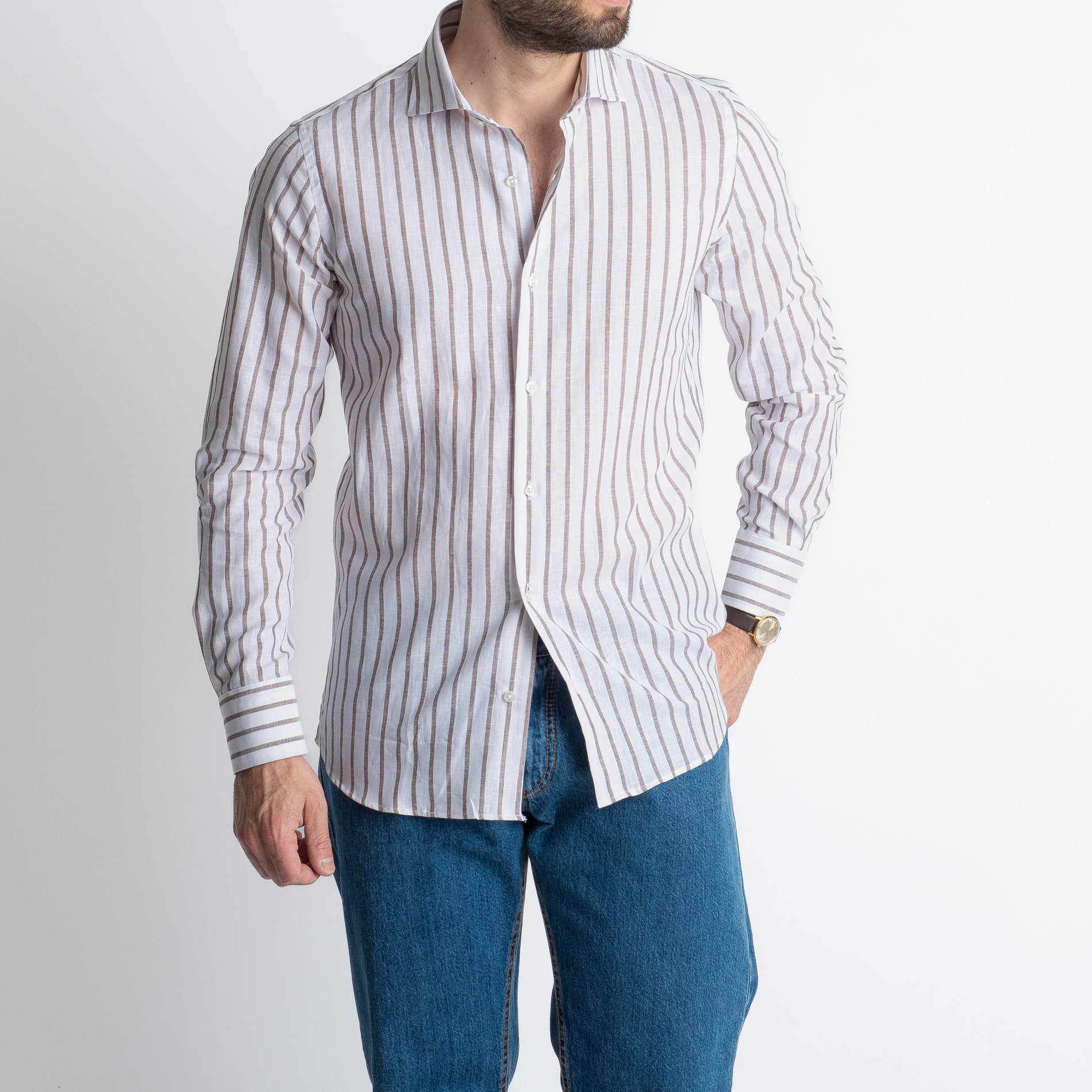 Camicia Uomo Lino Rigata 01 Marrone