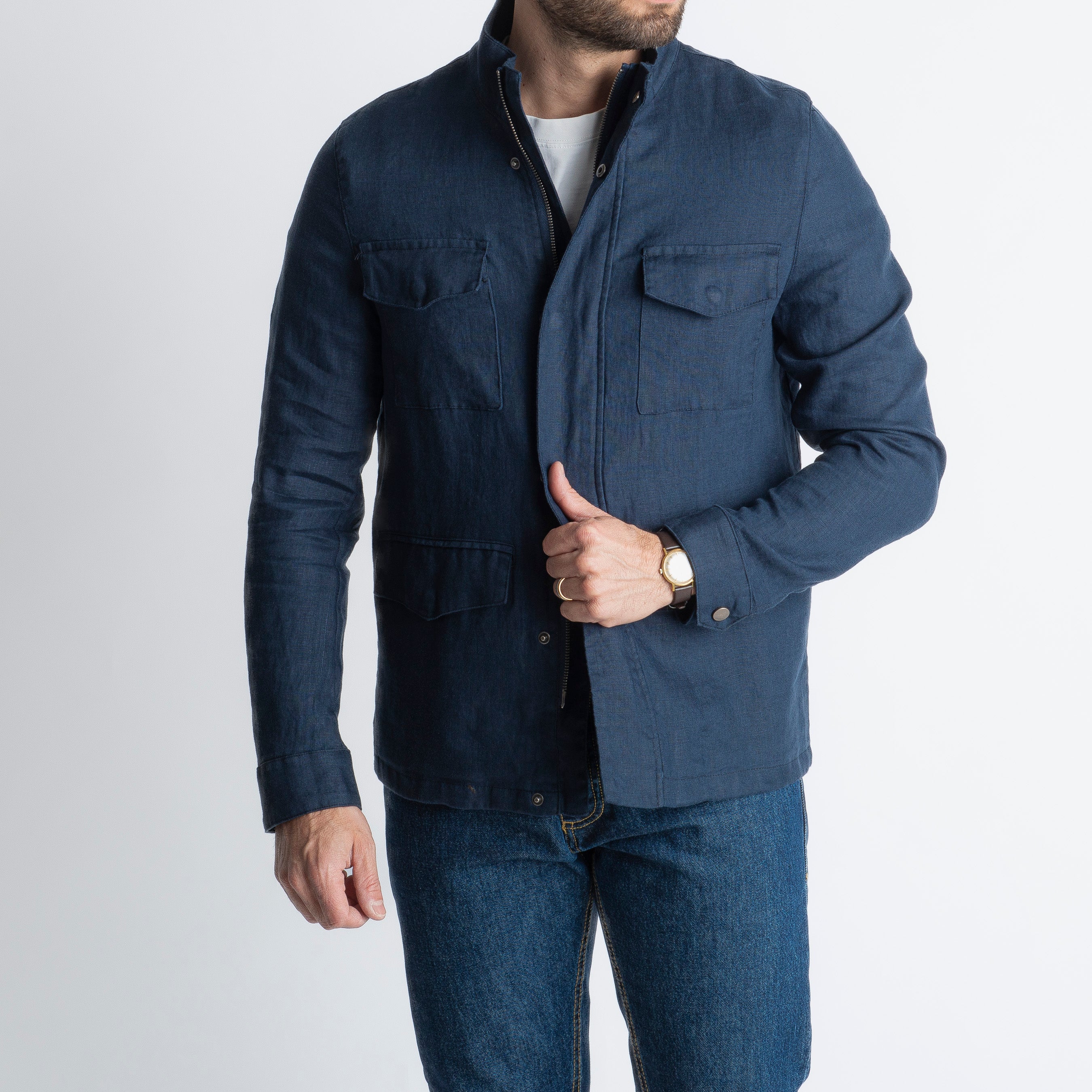Field Jacket 100% Lino Blu