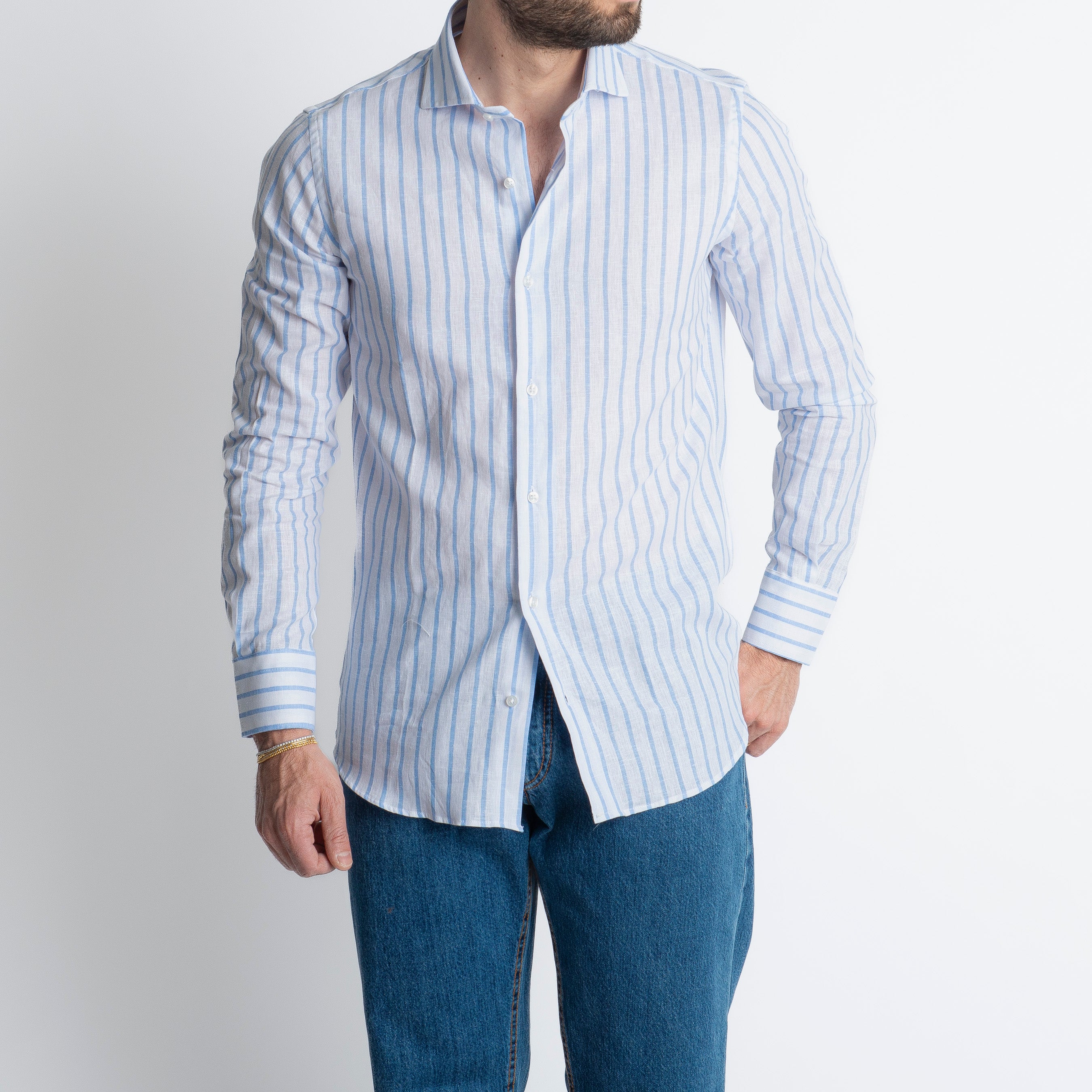 Camicia Uomo Lino Rigata 01 Celeste