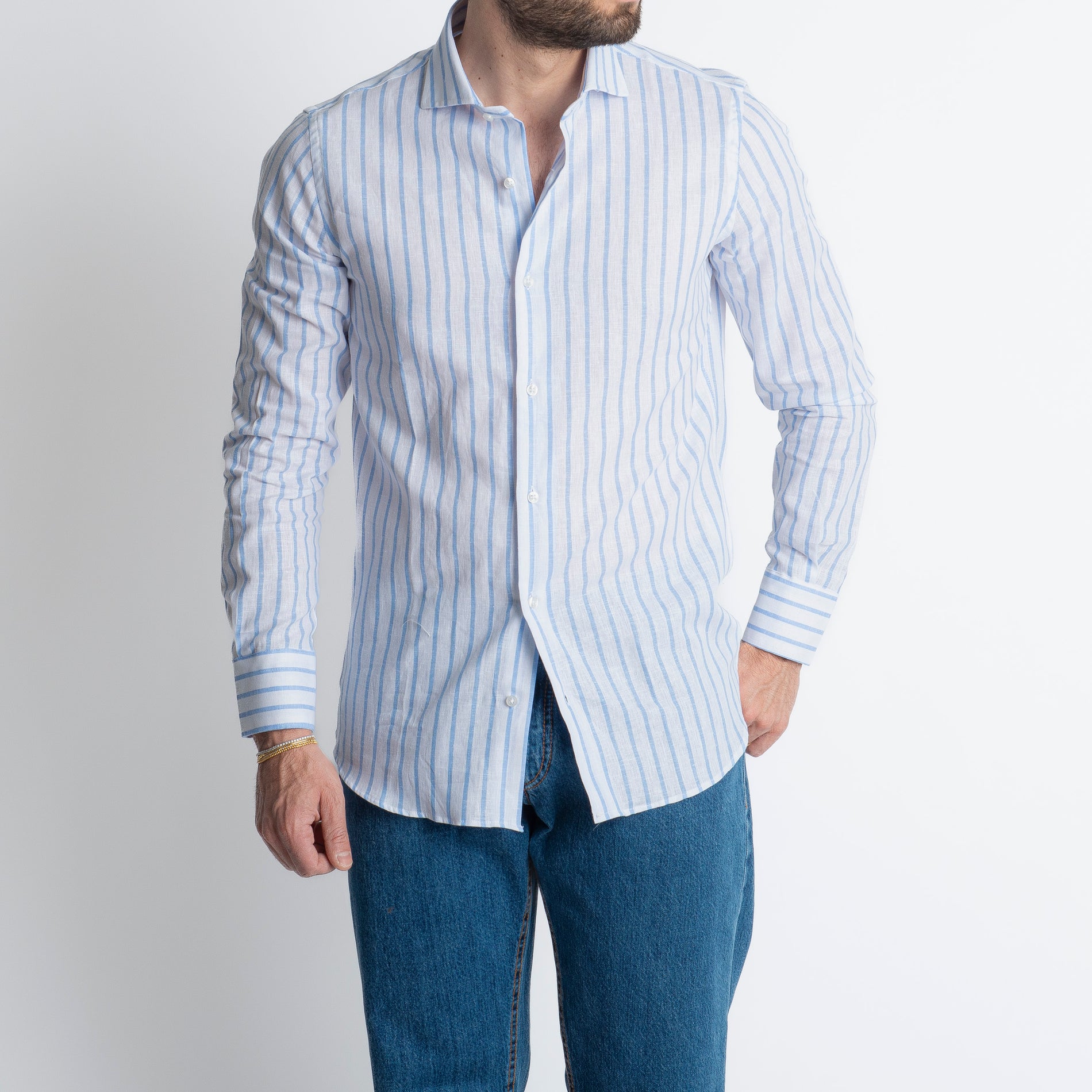 Camicia Uomo Lino Rigata 01 Celeste