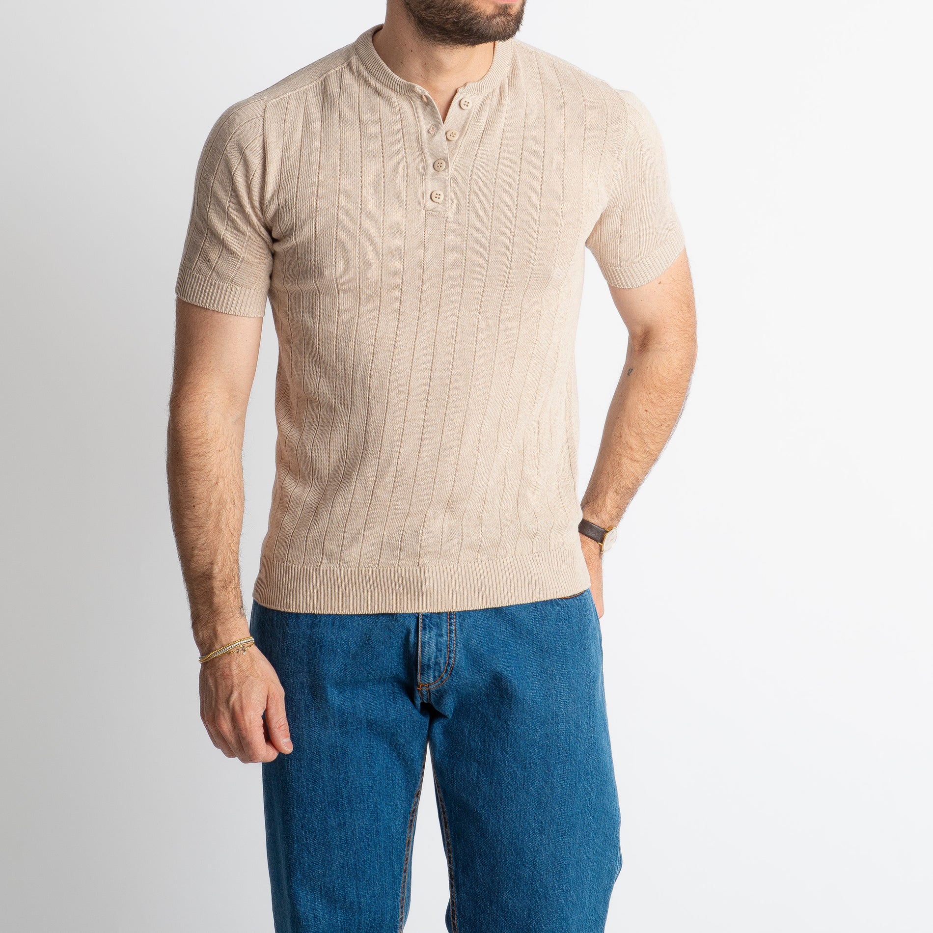 T-shirt Serafino In Filo A Coste Beige