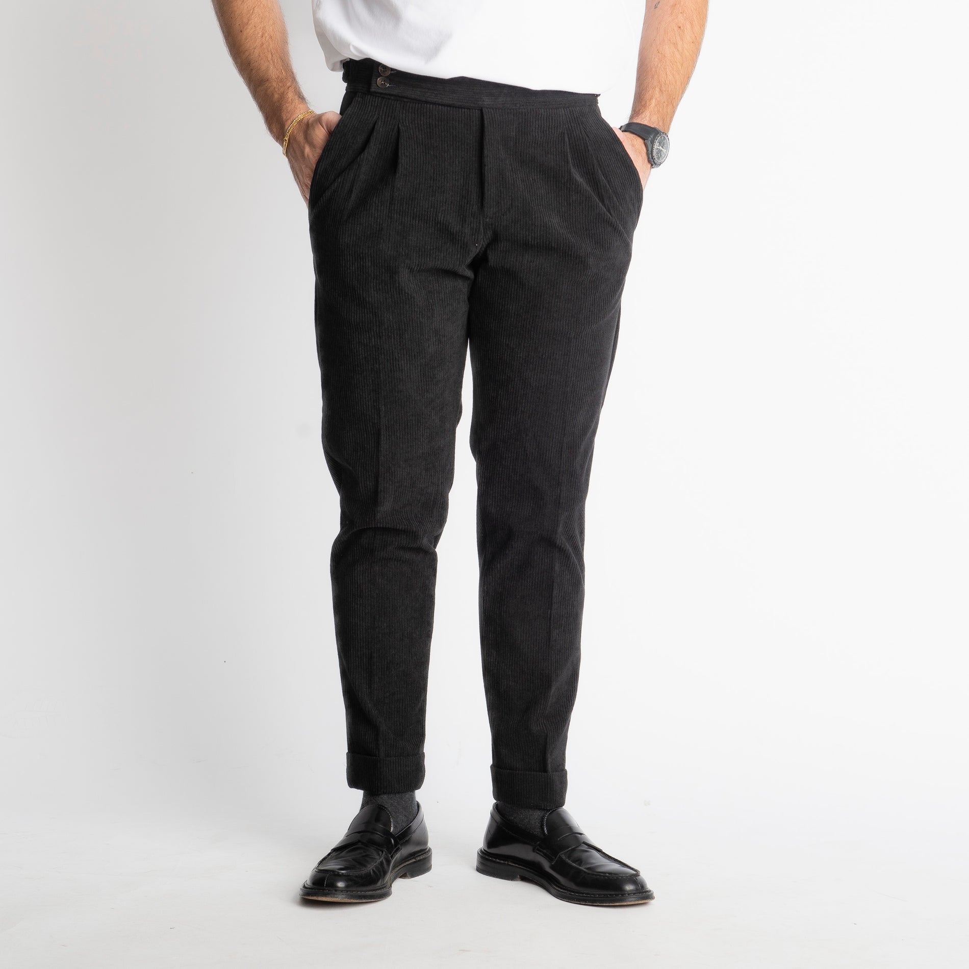 Pantalone Pisa Con Fibbia In Velluto A Coste Nero