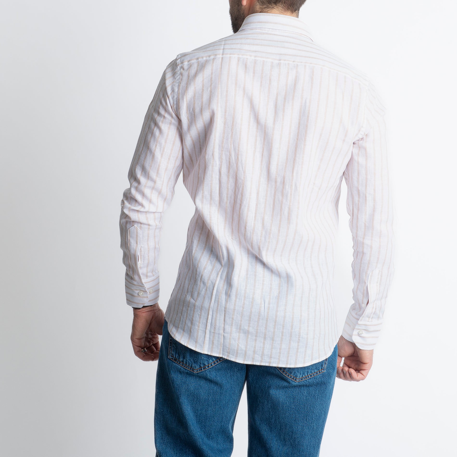 Camicia Uomo Lino Rigata 01 Beige
