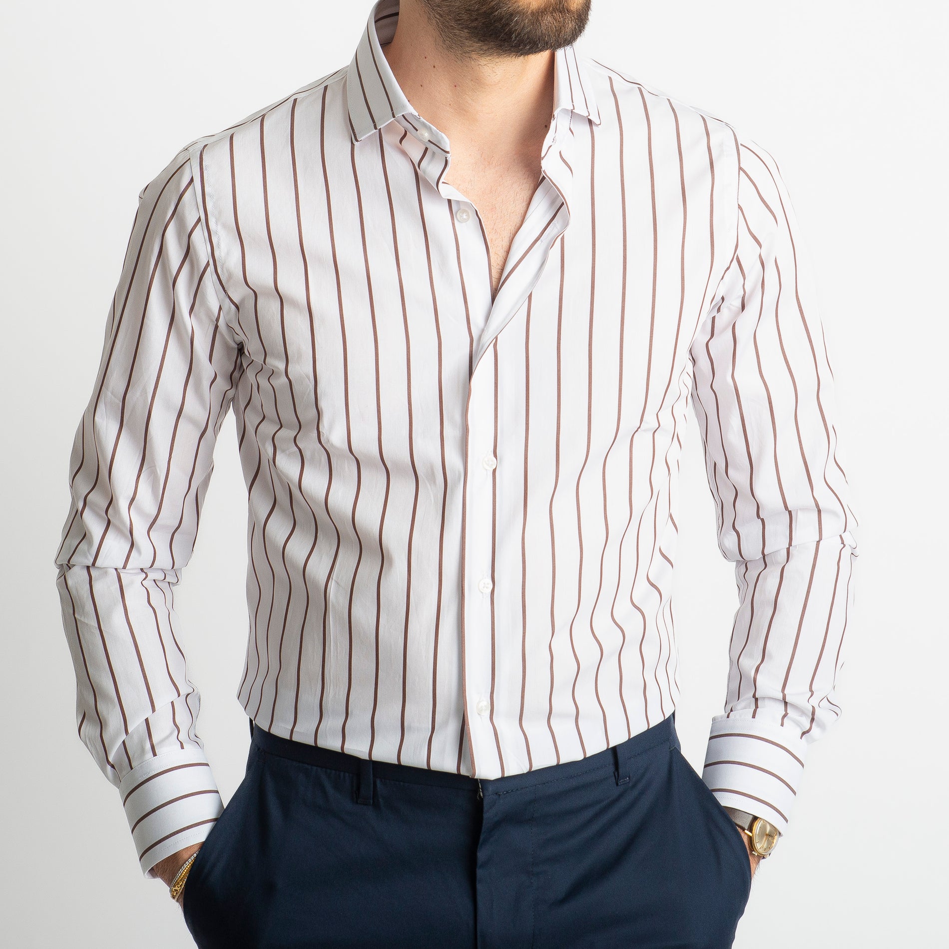Camicia Fondo Bianco Rigo Marrone