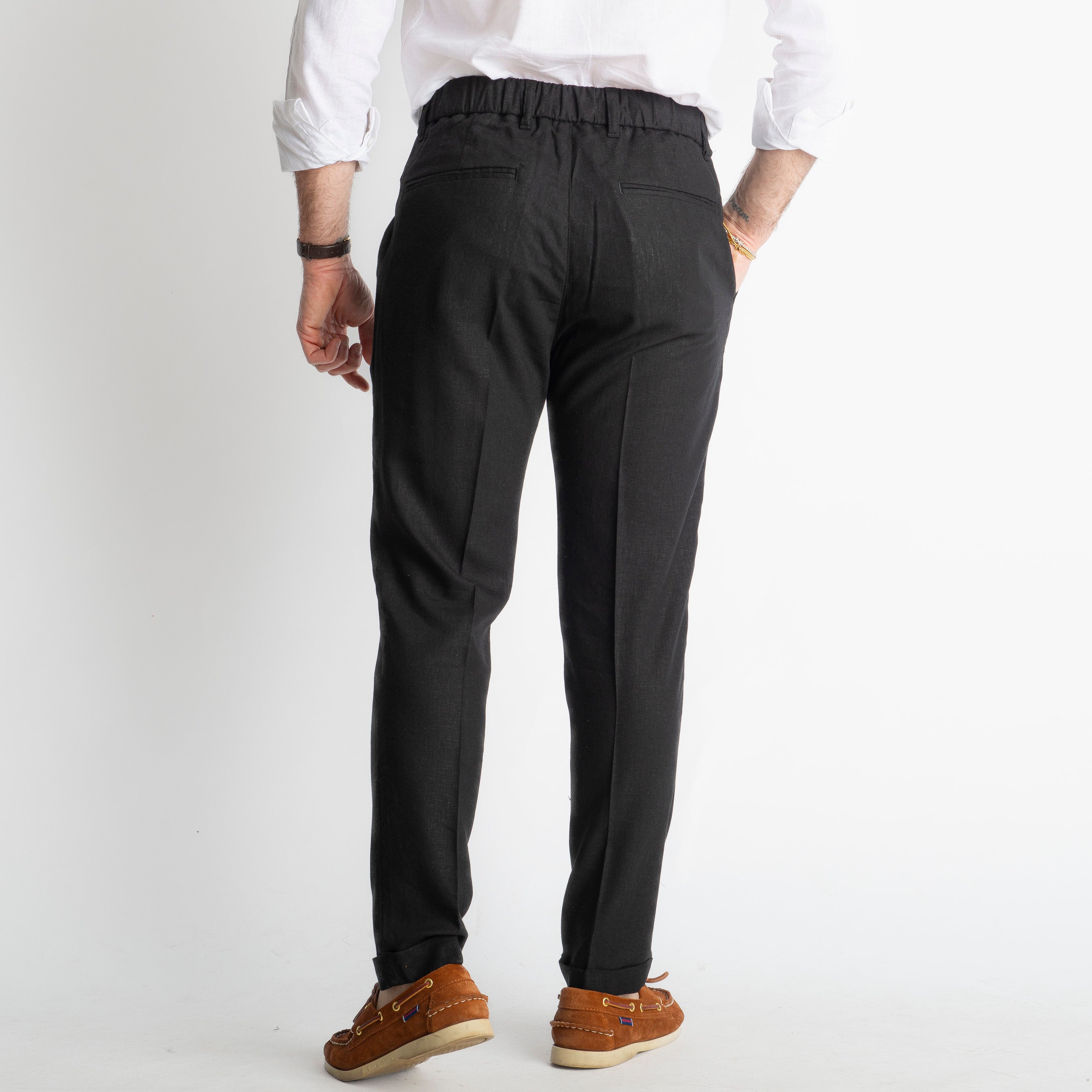 Pantalone in Lino con Elastico TO8007 Nero