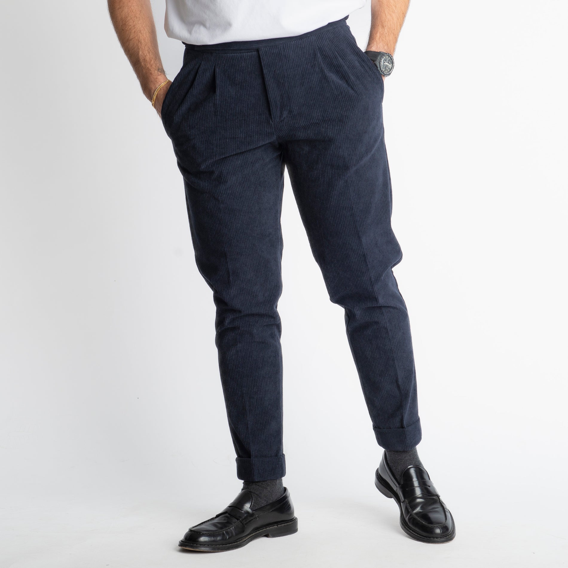 Pantalone Pisa Con Fibbia In Velluto A Coste Blu