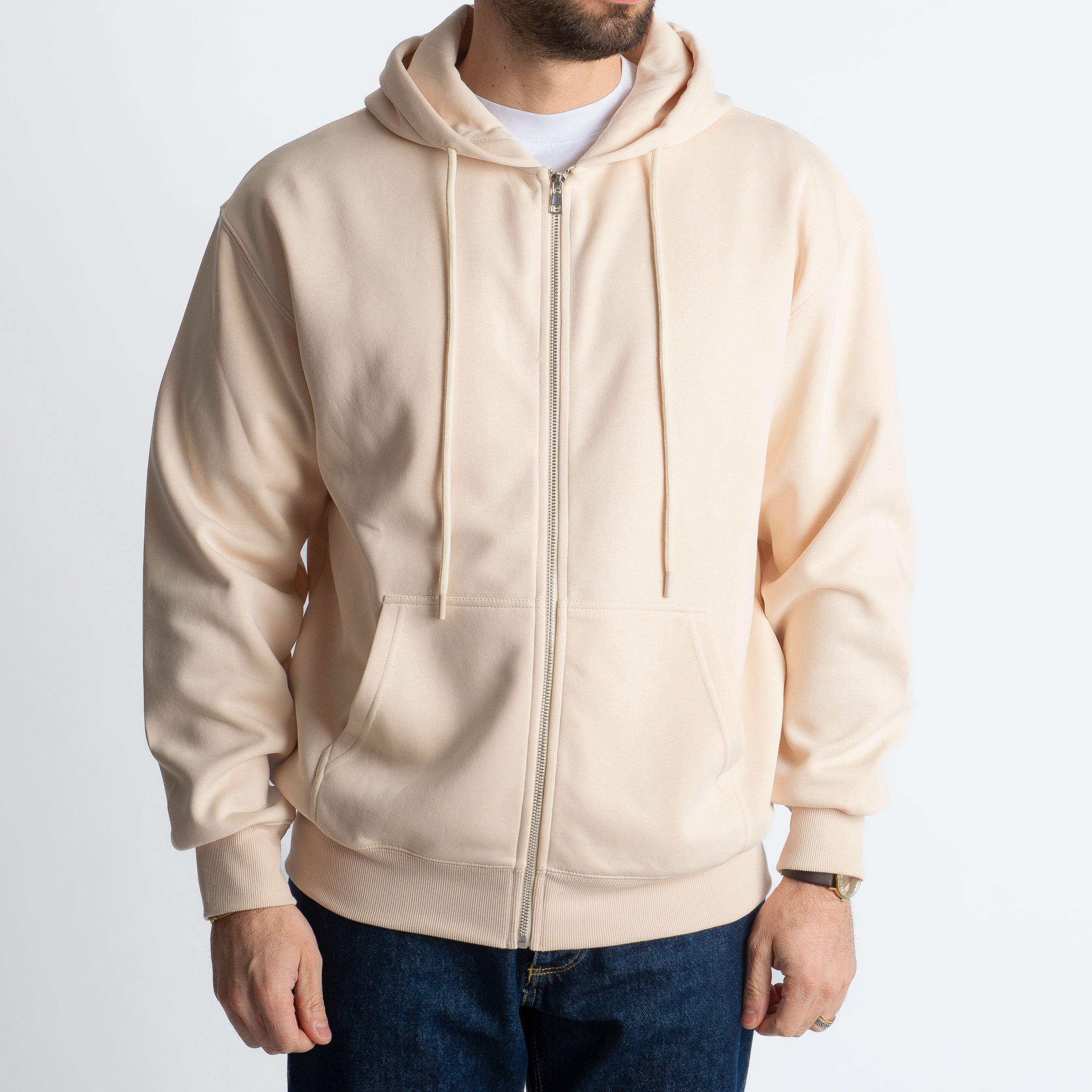 Felpa Basic Con Cappuccio e Cerniera Beige