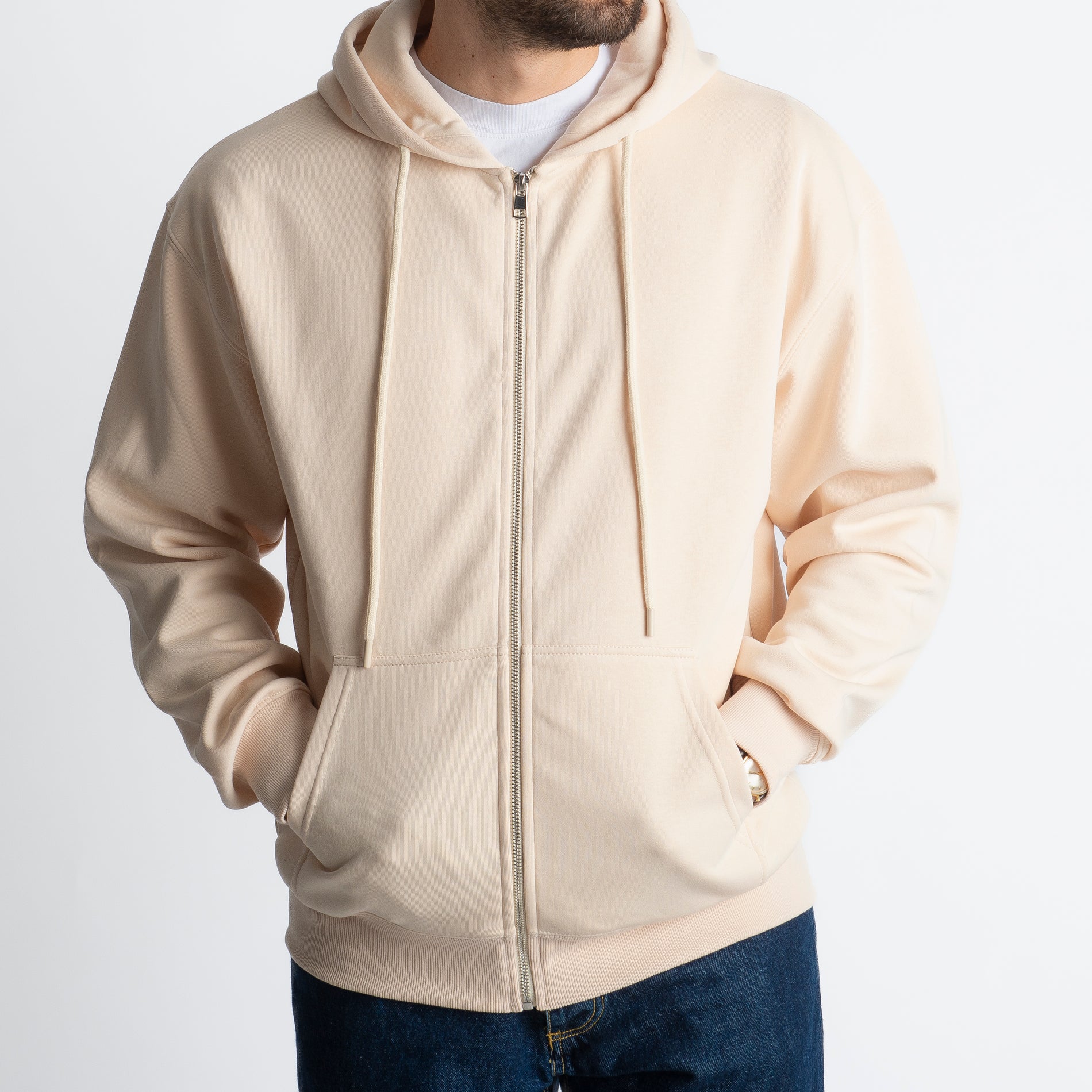 Felpa Basic Con Cappuccio e Cerniera Beige