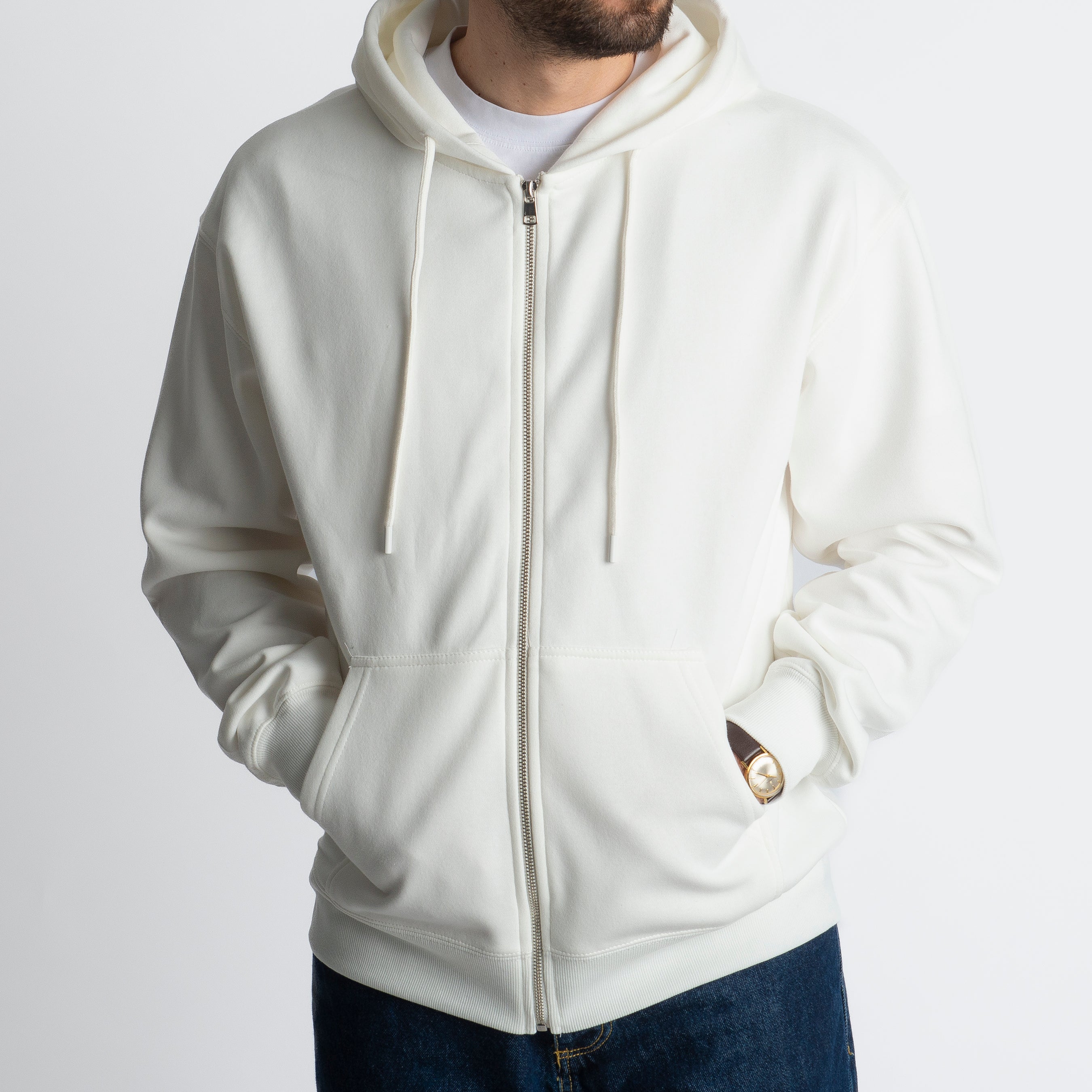 Felpa Basic Con Cappuccio e Cerniera Bianco