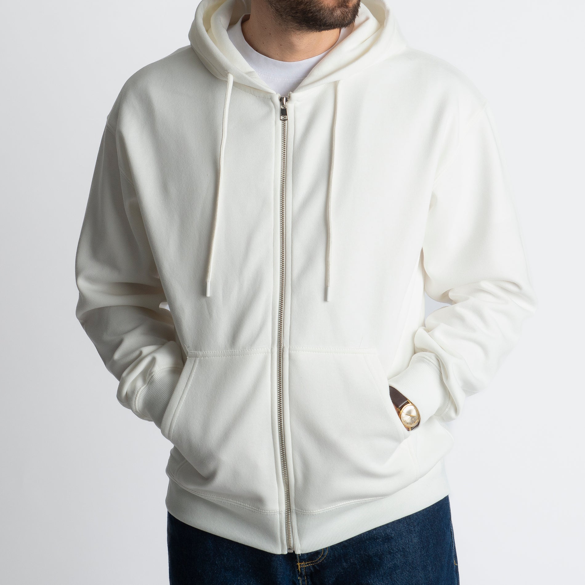 Felpa Basic Con Cappuccio e Cerniera Bianco