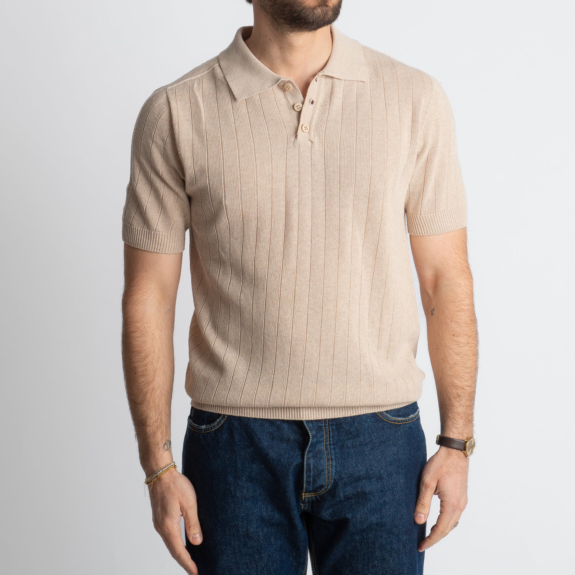 Polo In Filo A Coste Beige