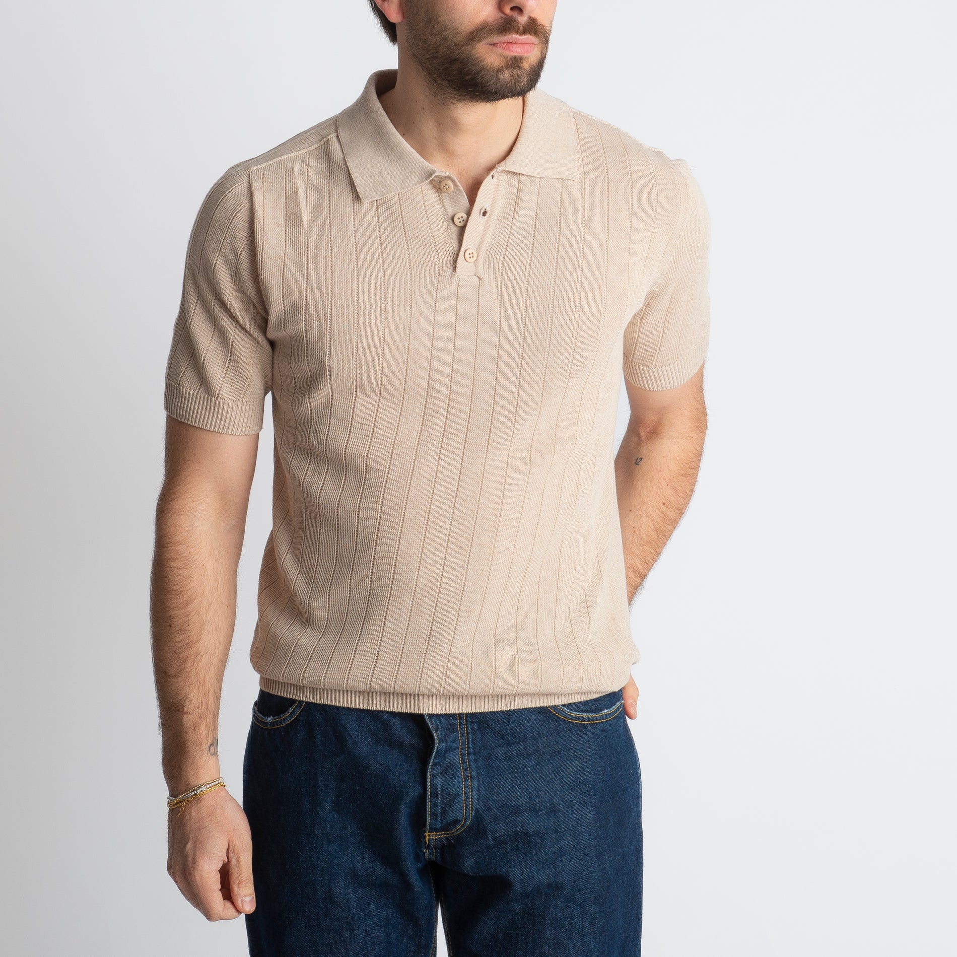 Polo In Filo A Coste Beige