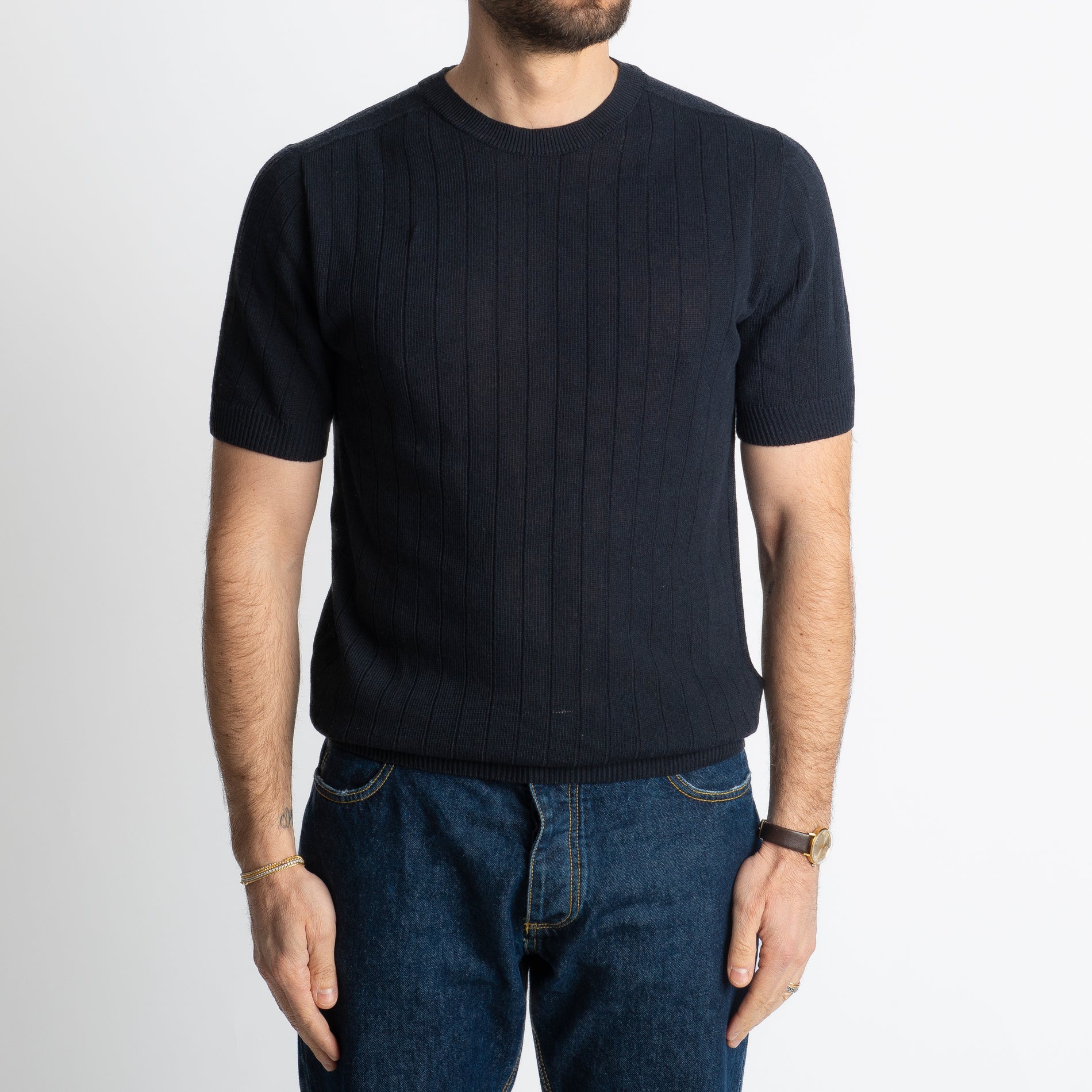 T-shirt In Filo A Coste Blu