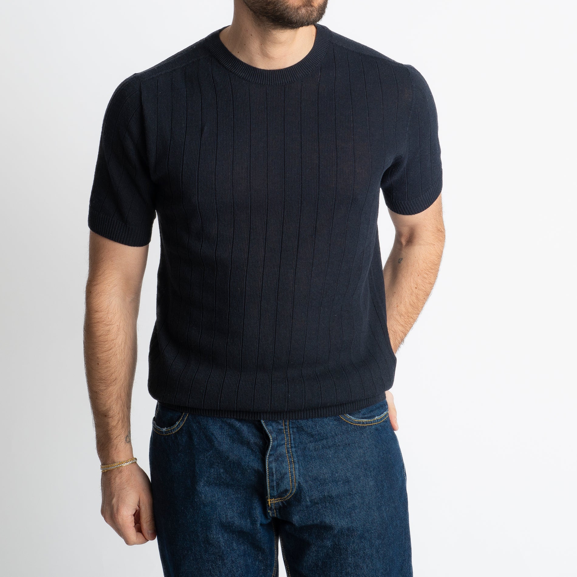 T-shirt In Filo A Coste Blu