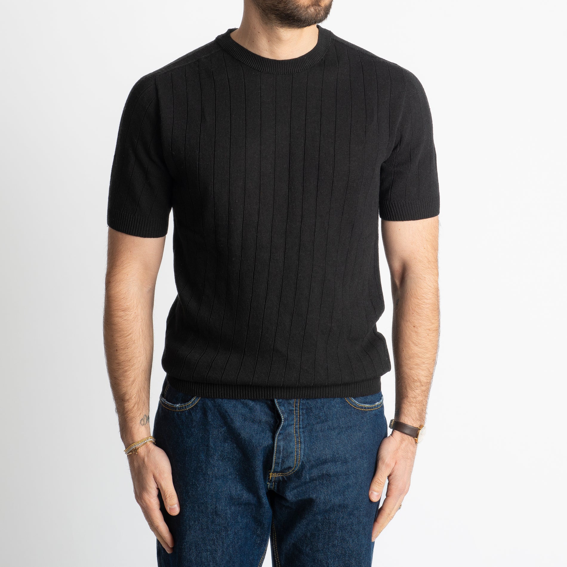 T-shirt In Filo A Coste Nero