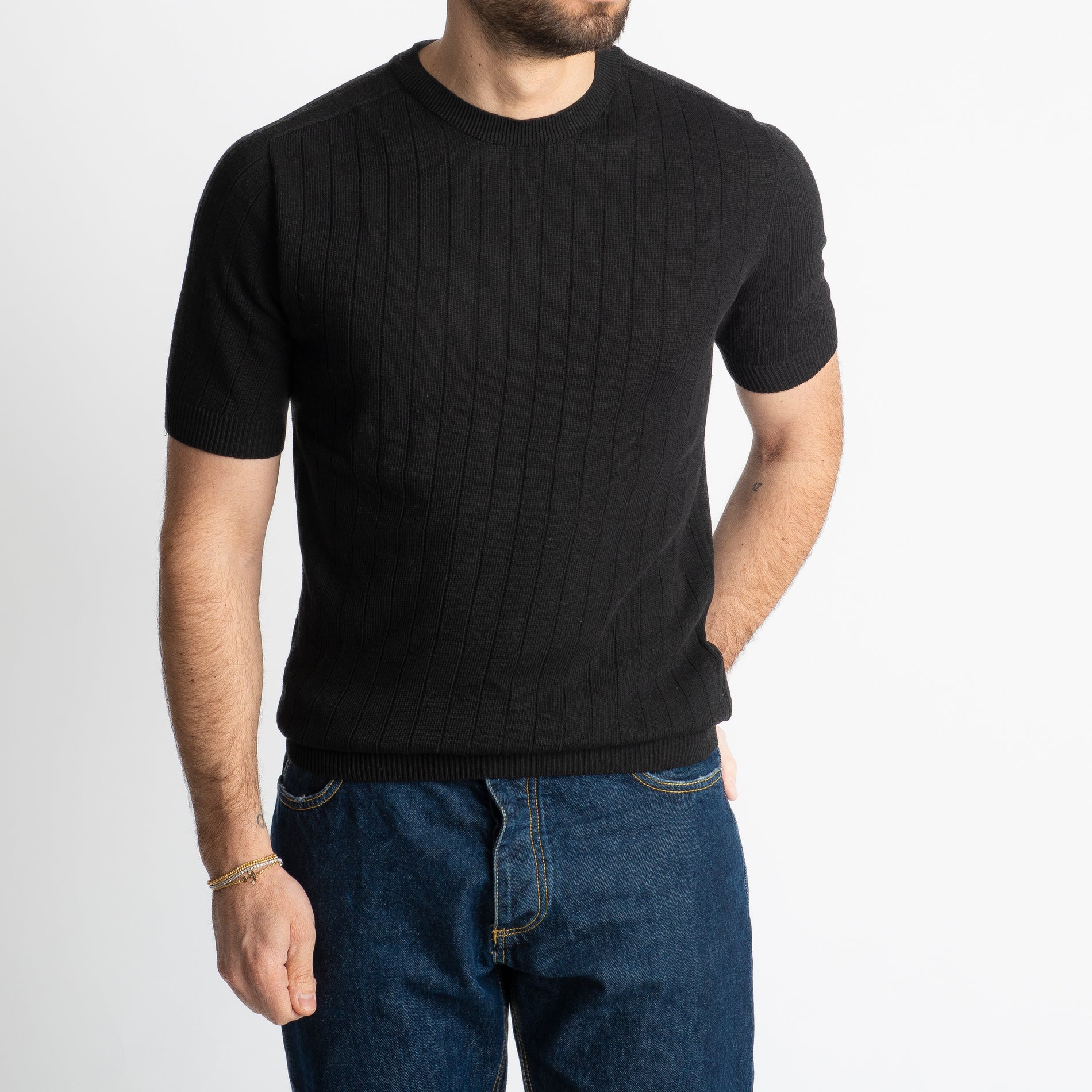 T-shirt In Filo A Coste Nero