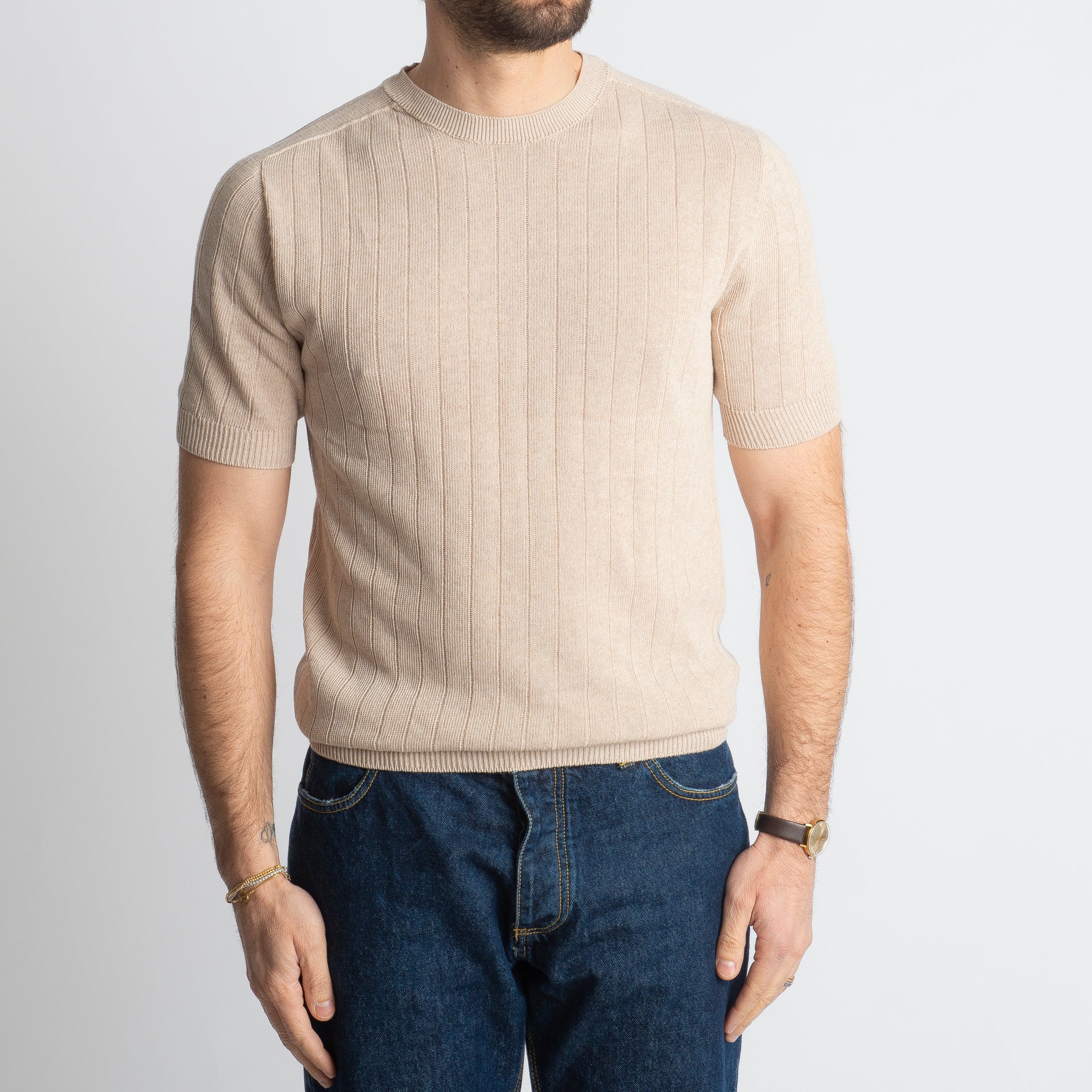 T-shirt In Filo A Coste Beige