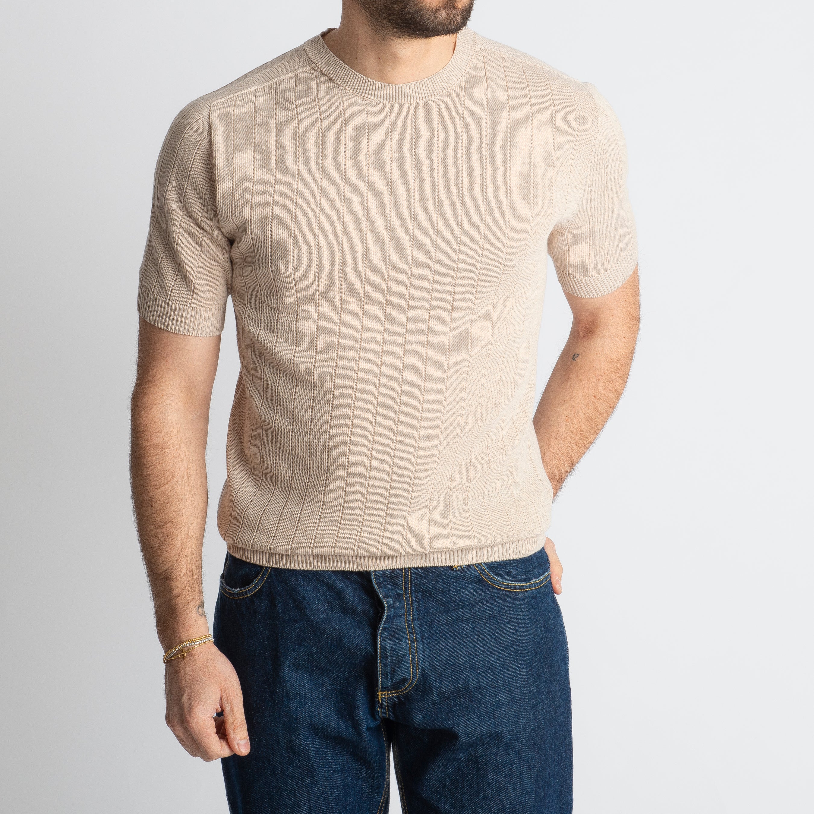 T-shirt In Filo A Coste Beige