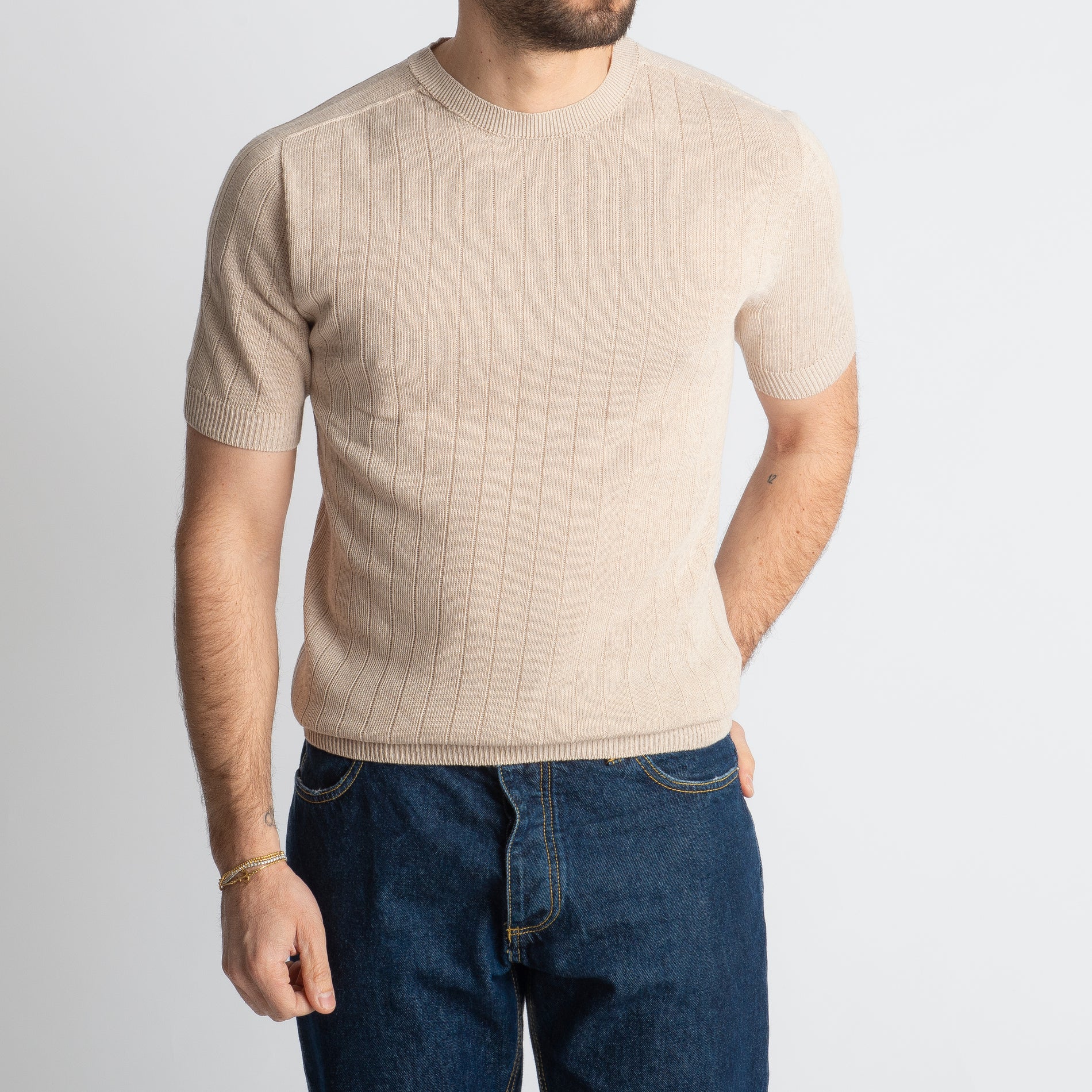 T-shirt In Filo A Coste Beige