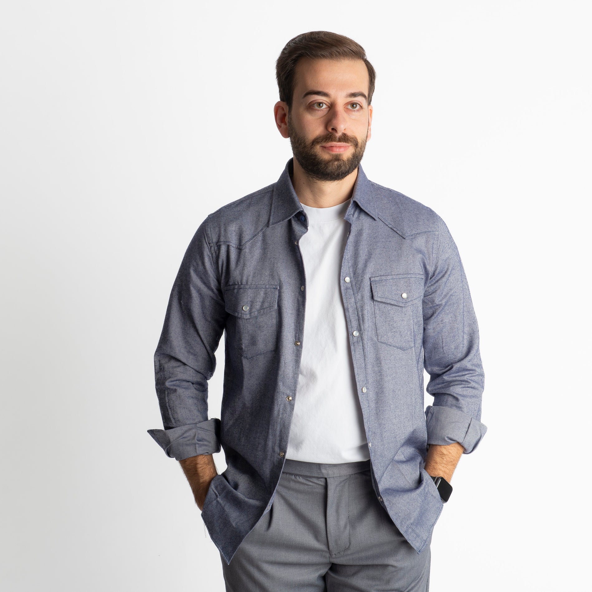 Camicia Texana in Flanella Blu