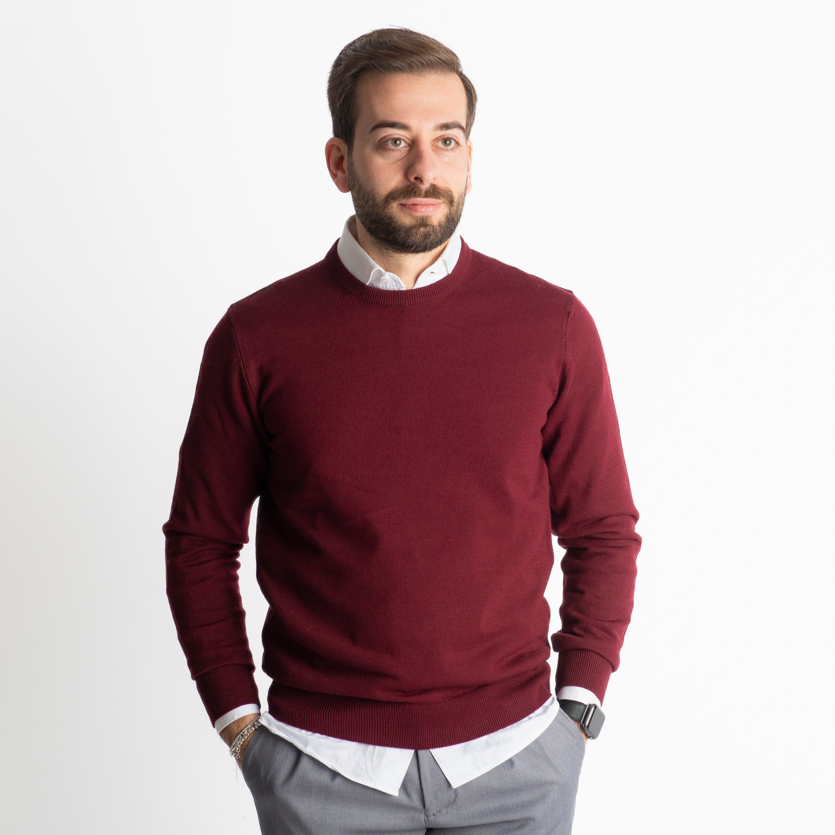 Maglioncino Girocollo In Lana Merinos Bordeux