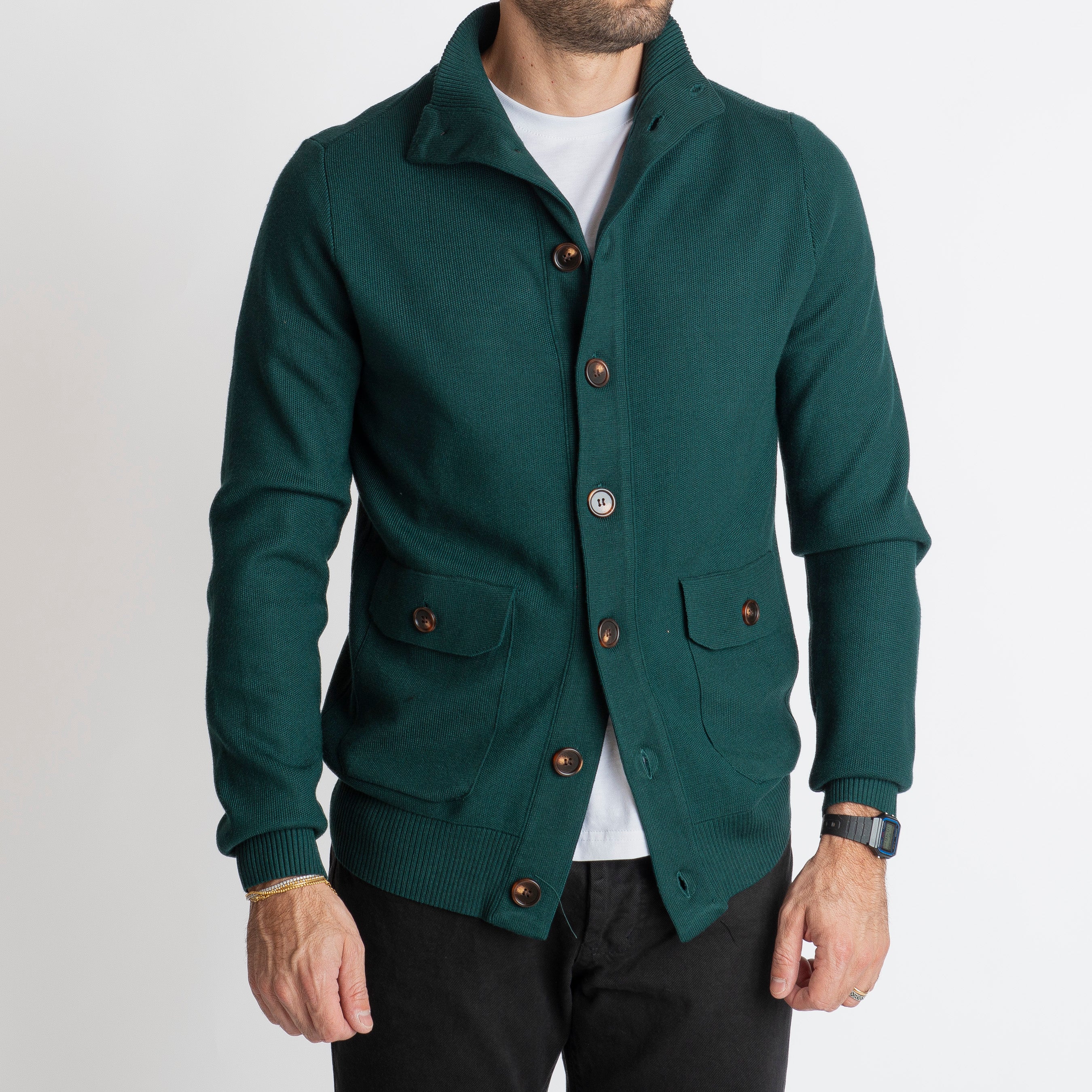 Cardigan con Bottoni Verde Loden