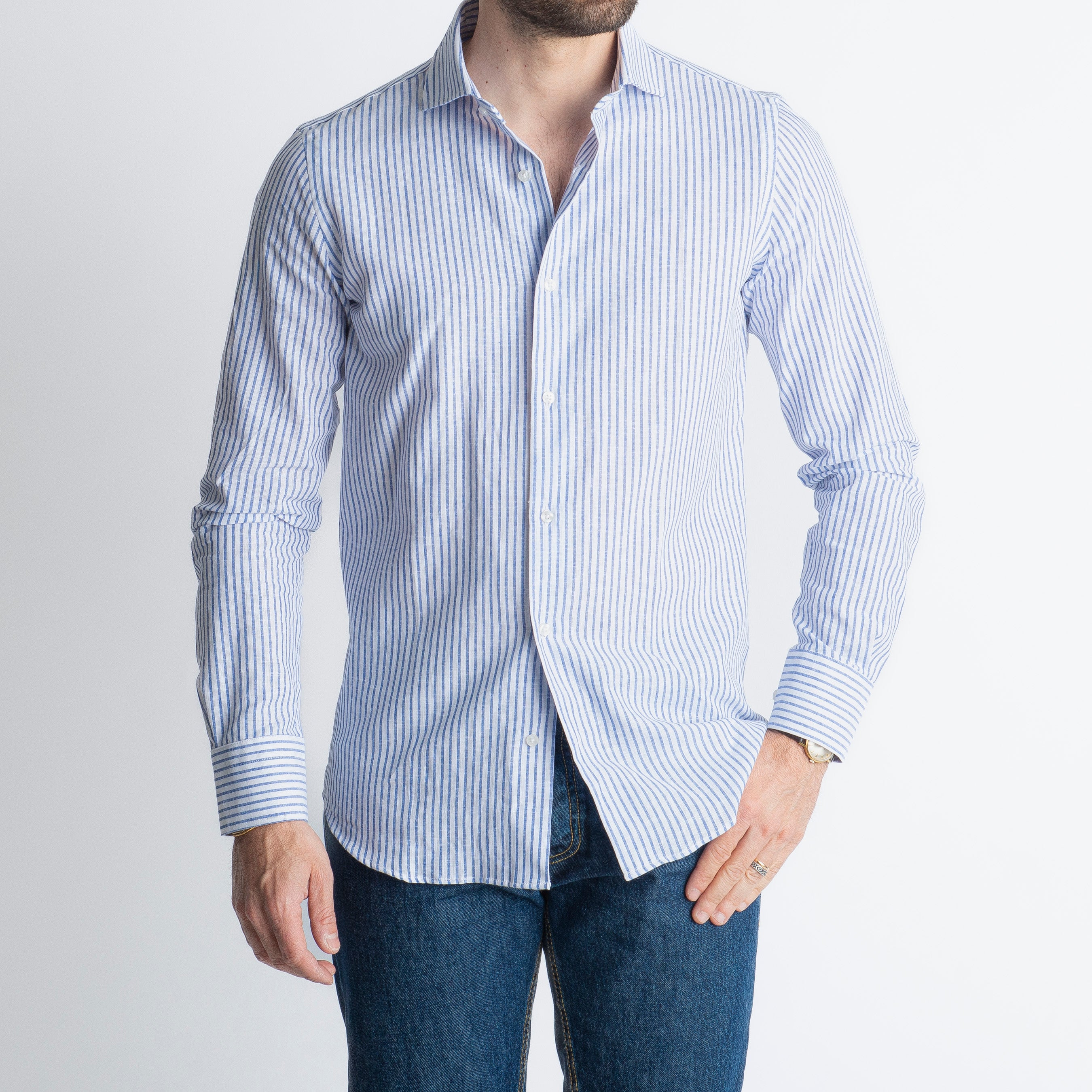 Camicia in Lino Rigata 03 Blu