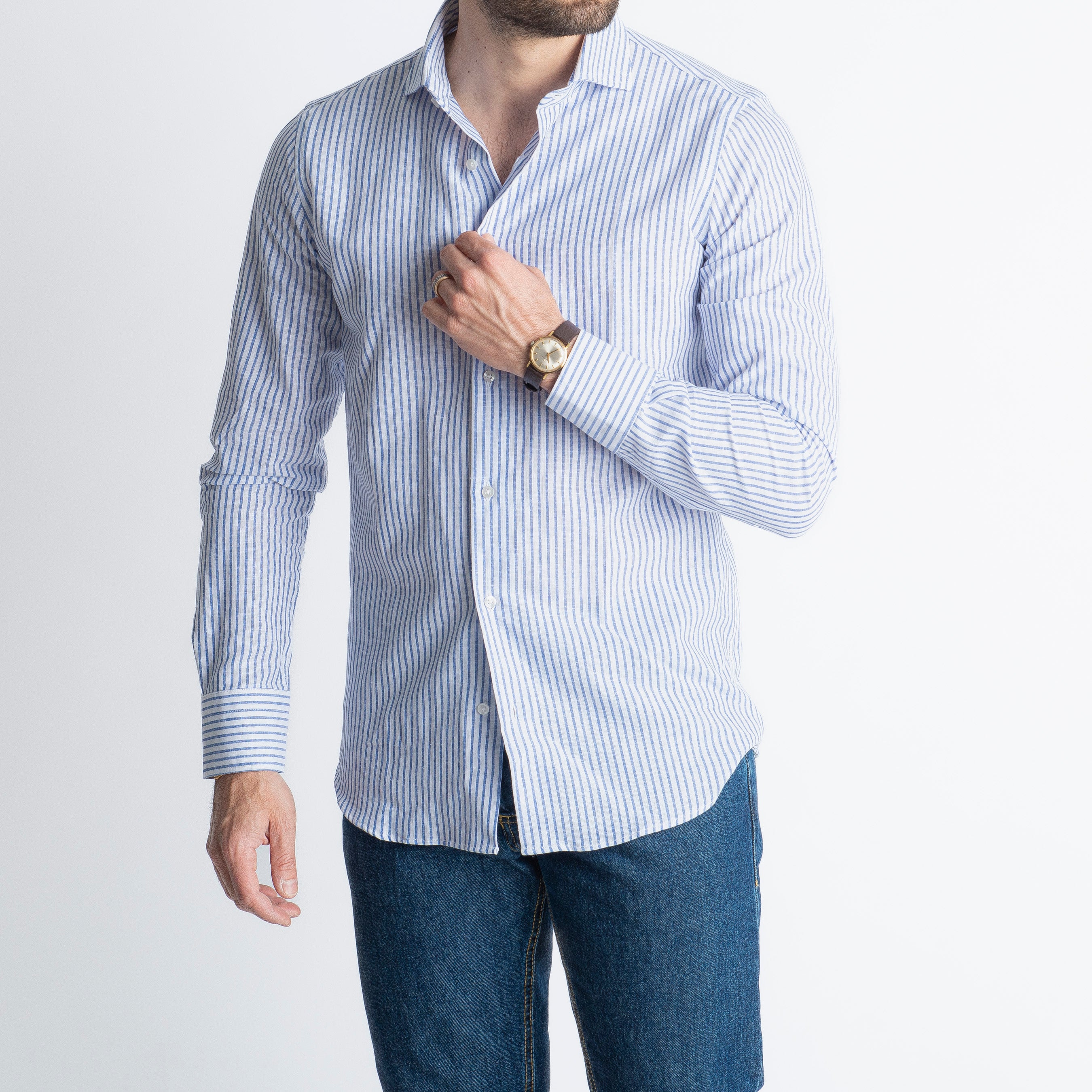 Camicia in Lino Rigata 03 Blu