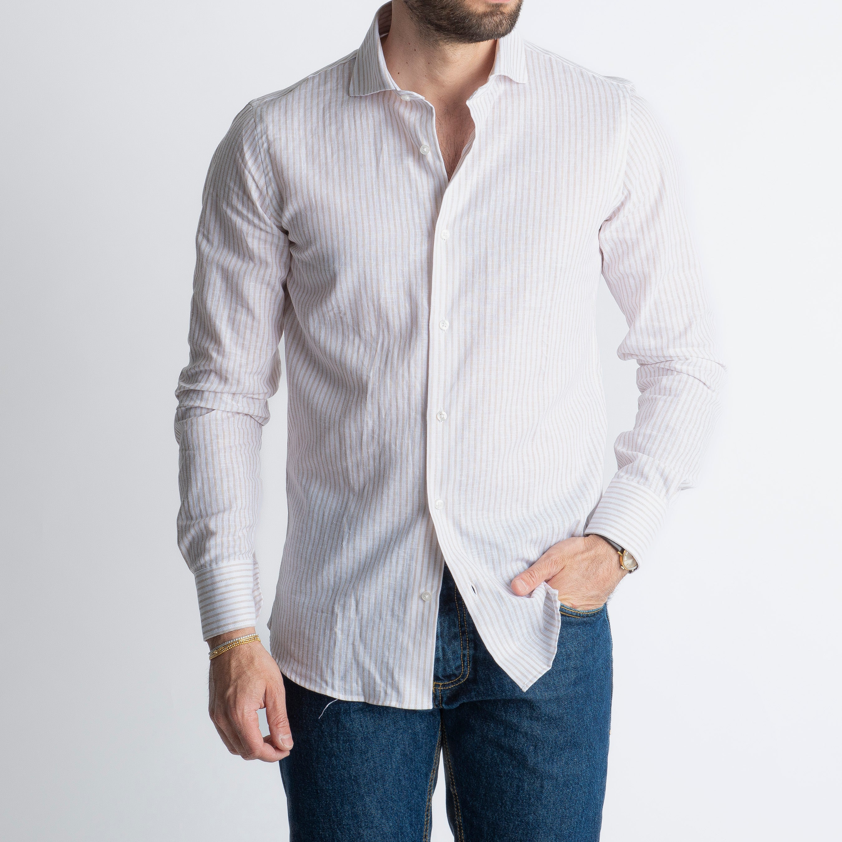 Camicia in Lino Rigata 03 Beige