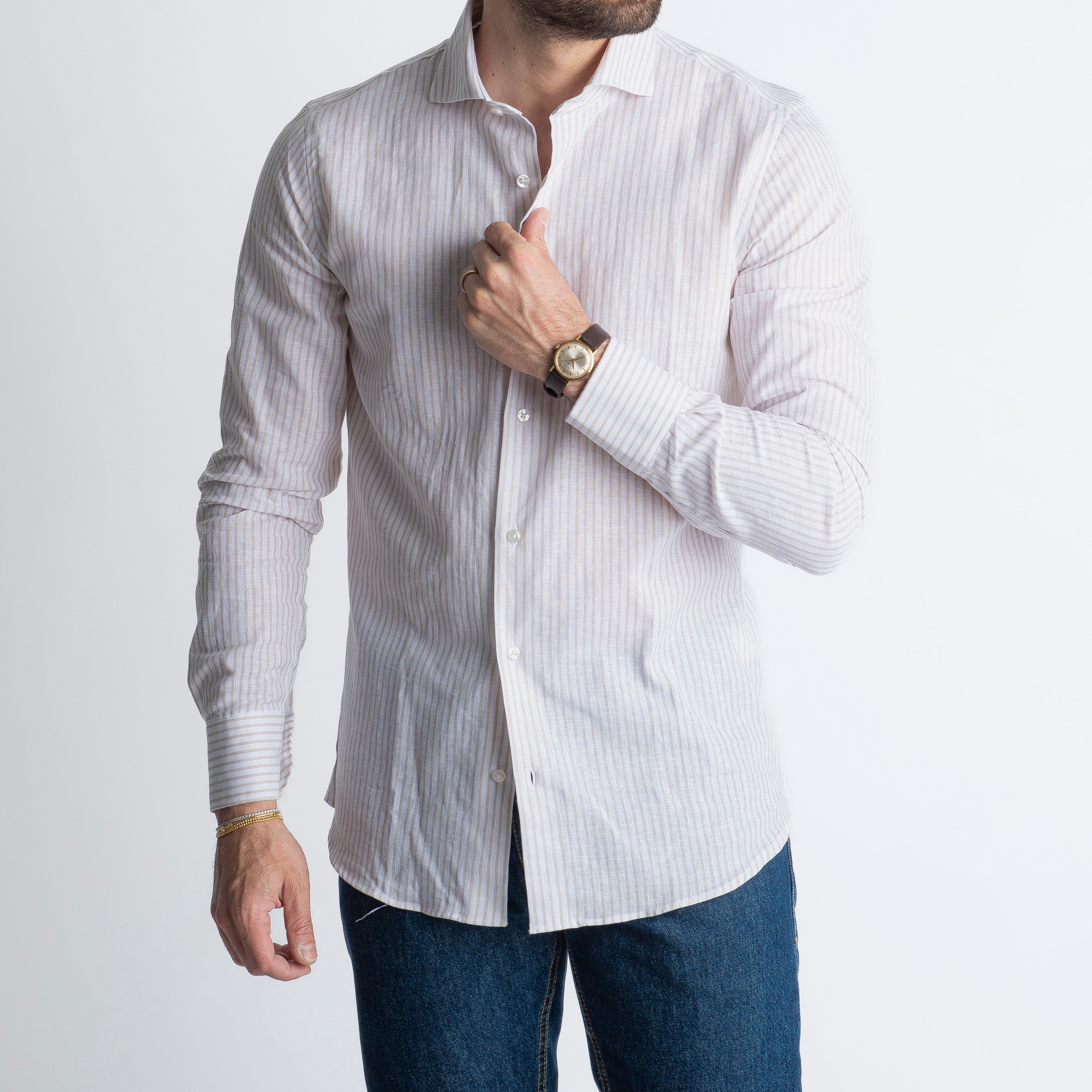 Camicia in Lino Rigata 03 Beige
