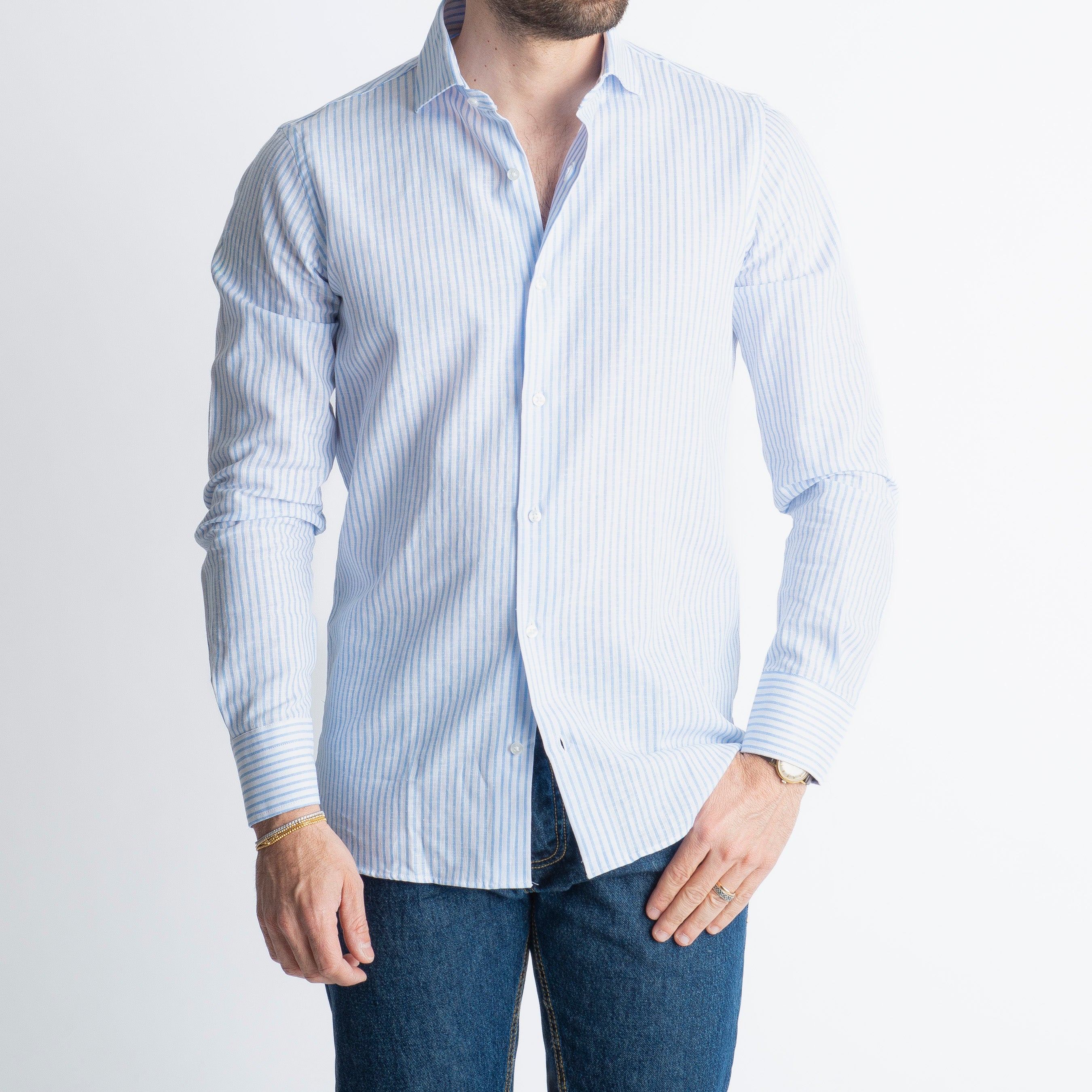 Camicia in Lino Rigata 03 Celeste