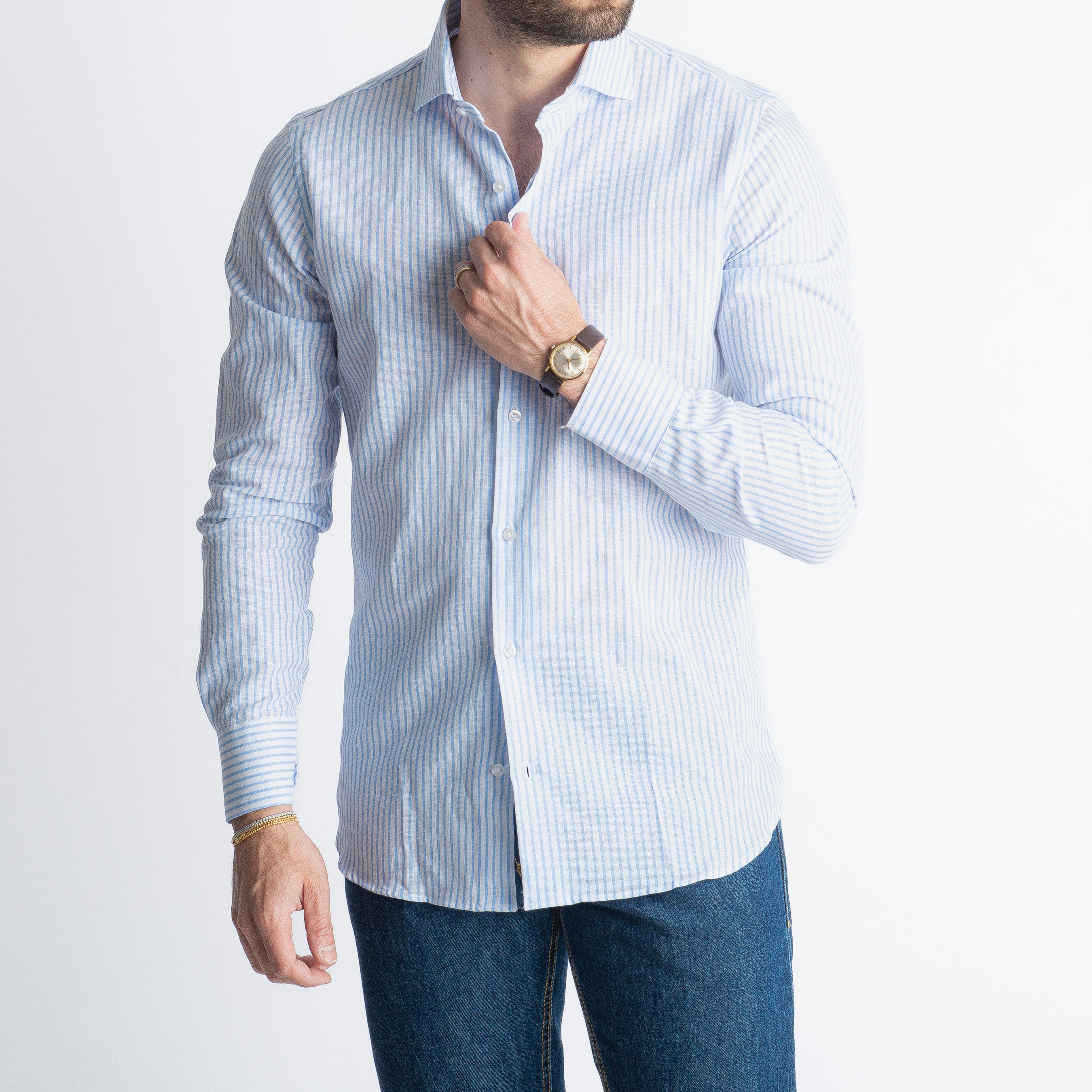 Camicia in Lino Rigata 03 Celeste