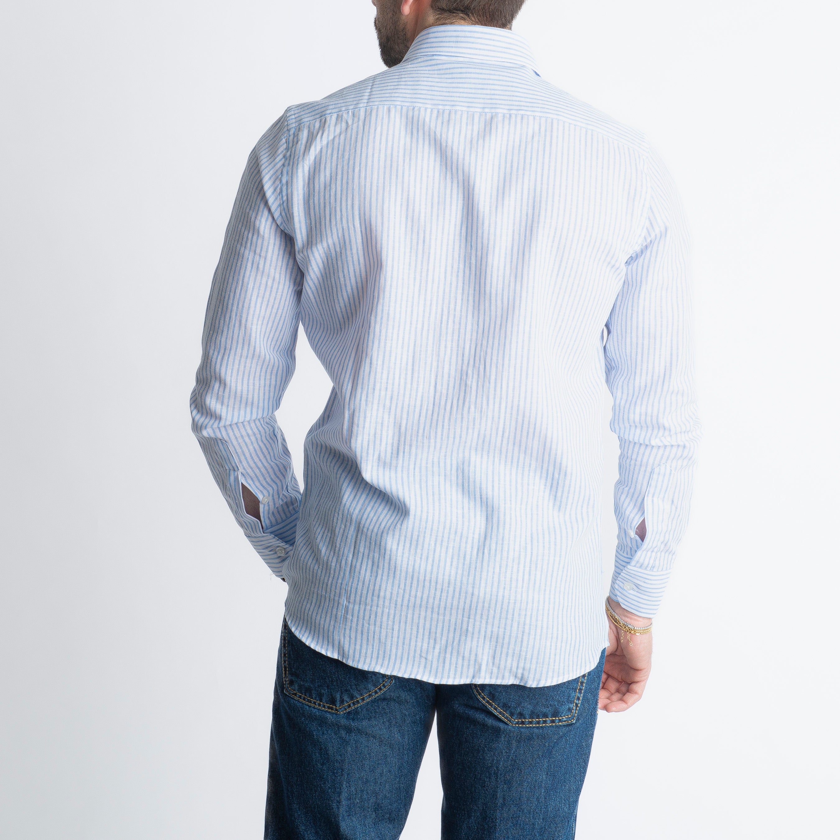 Camicia in Lino Rigata 03 Celeste