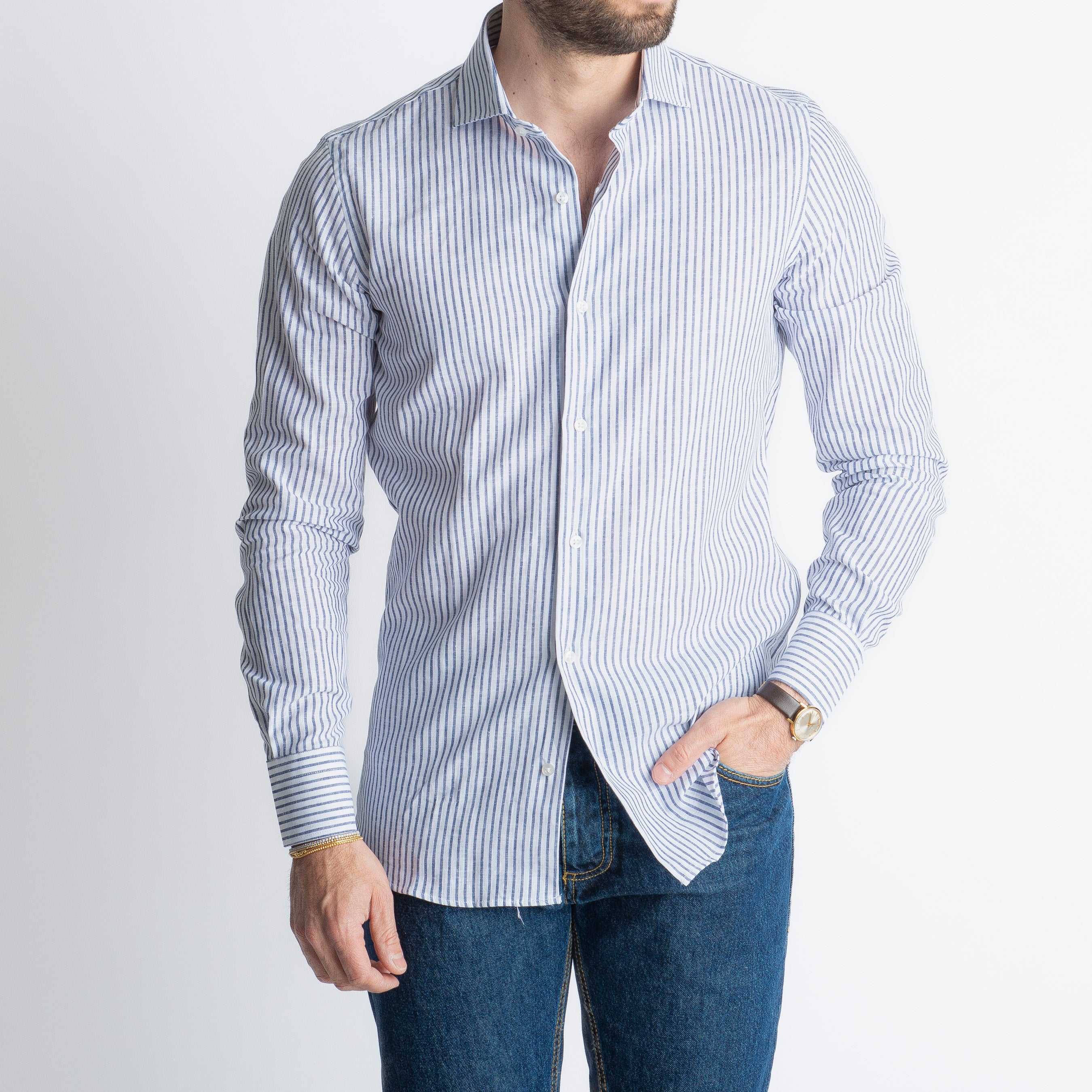 Camicia in Lino Rigata 03 Blu Notte