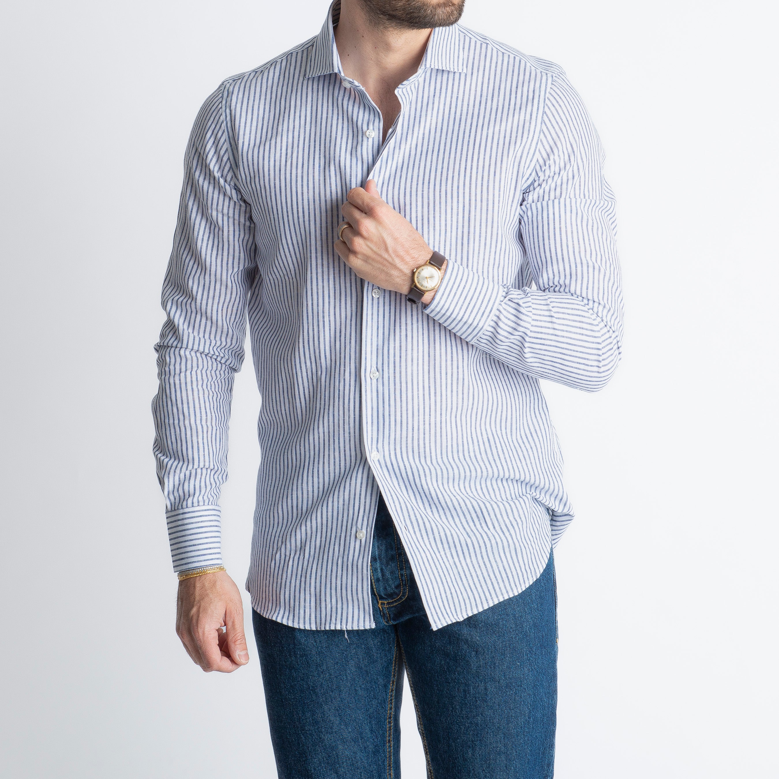 Camicia in Lino Rigata 03 Blu Notte