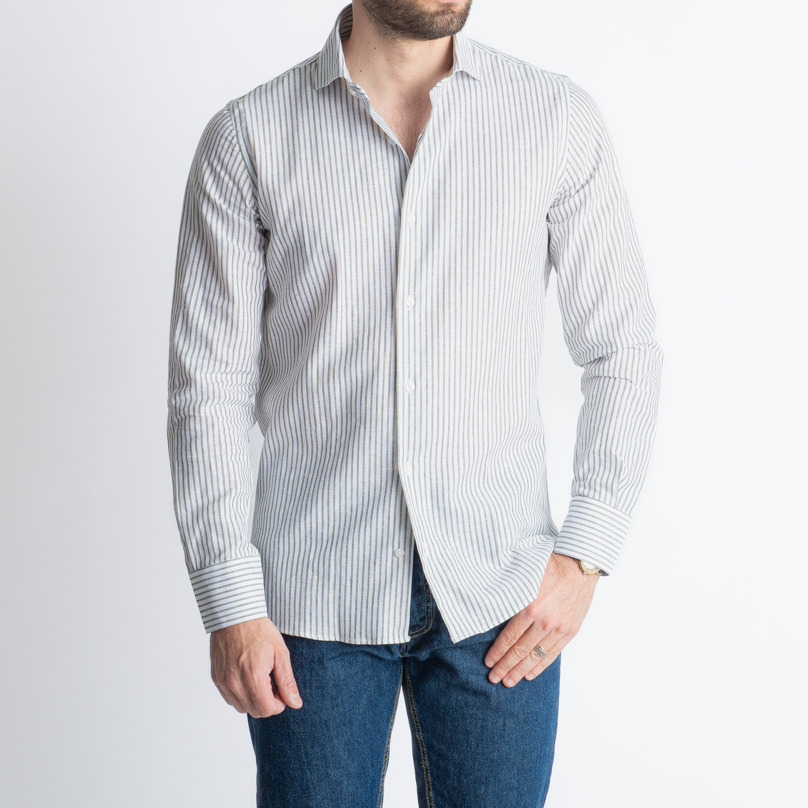 Camicia in Lino Rigata 03 Verde