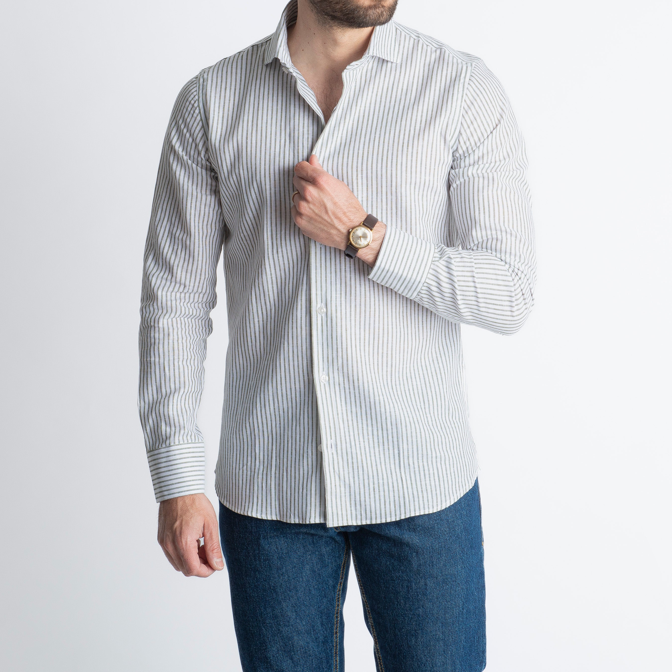 Camicia in Lino Rigata 03 Verde